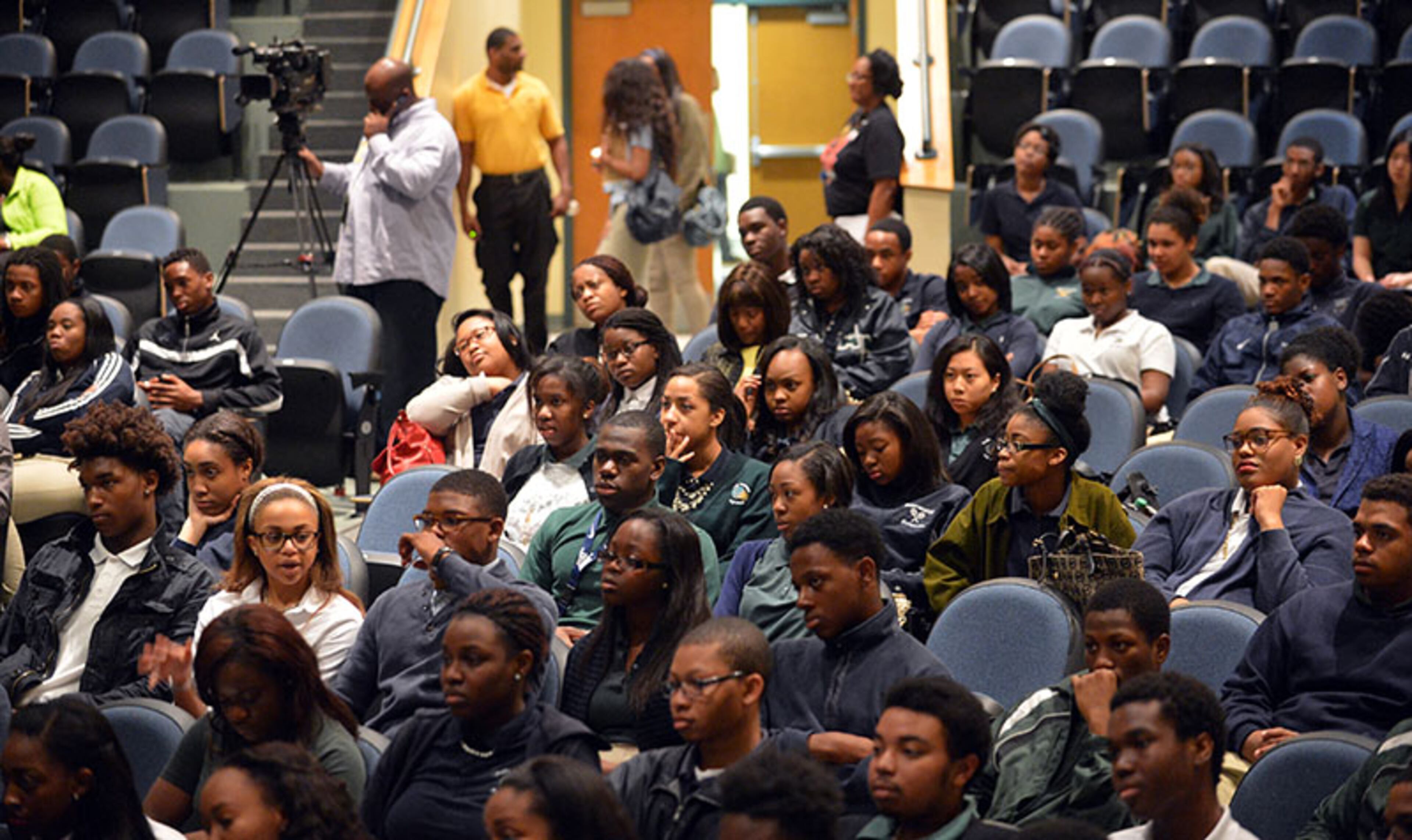 Arabia Mountain juniors and seniors listen during the program. "Ghost Out" is a collaborative annual event that features speakers, re-enactments and presentations designed to educate young drivers about various forms of distracted driving.
