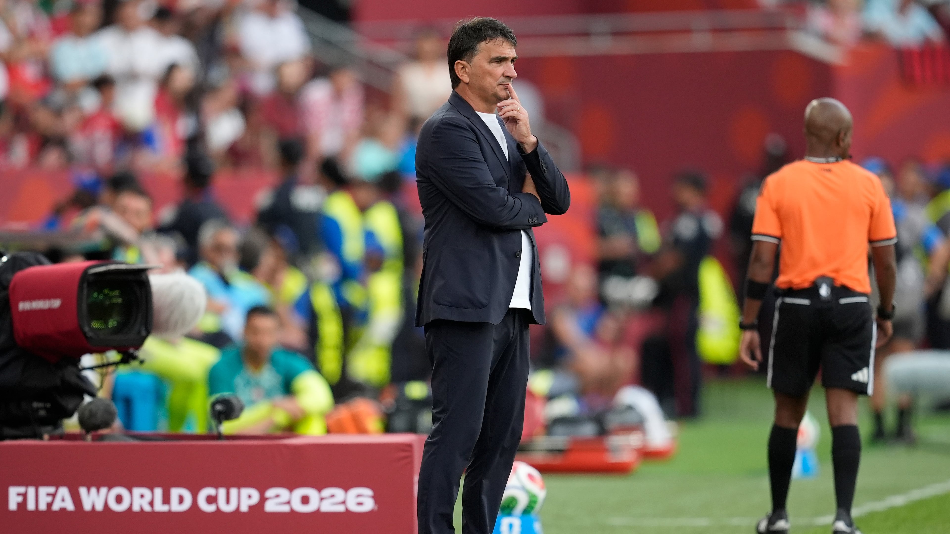 Croatia head coach Zlatko Dalic looks on during the World Cup round of 32 soccer match between Portugal and Croatia in Toronto, Thursday, July 2, 2026. (AP Photo/Mike Stewart)