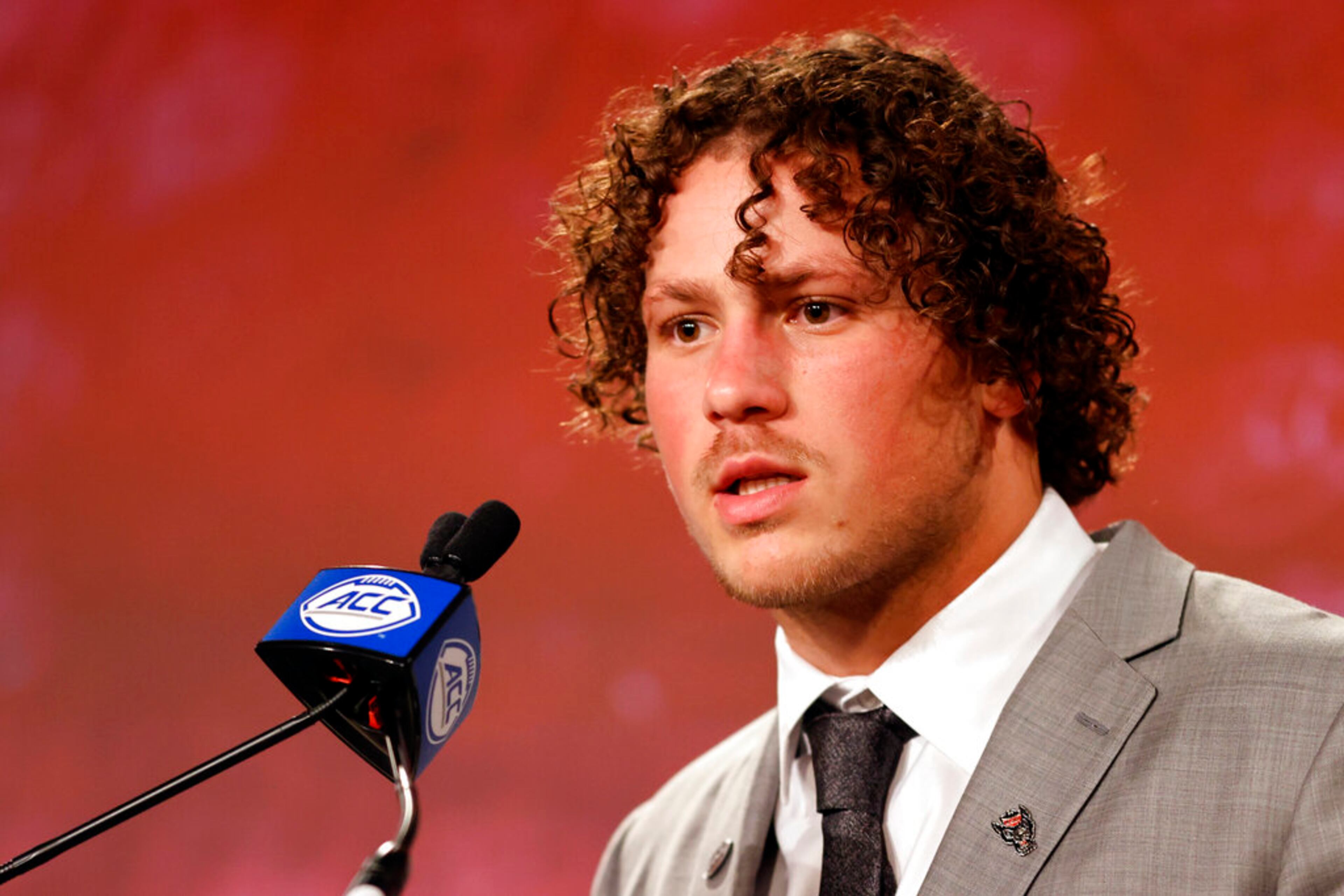 North Carolina State linebacker Drake Thomas answers a question during an NCAA college football news conference at the Atlantic Coast Conference Media Days in Charlotte, N.C., Wednesday, July 20, 2022. (AP Photo/Nell Redmond)