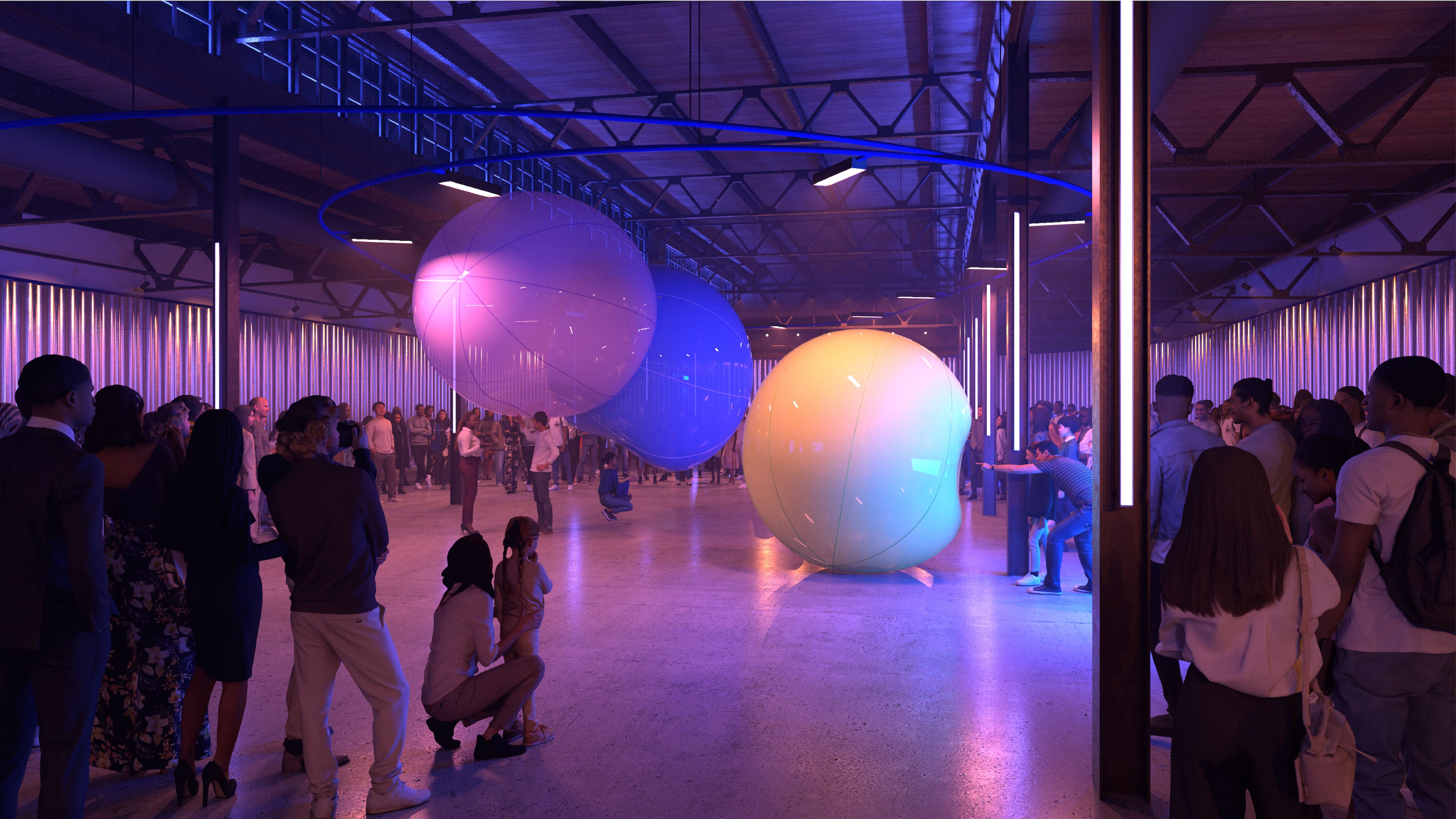 A rendering of the interior of the Loop, a temporary creative hub occupying the former Randall Brothers site in west Midtown. (MALL-Stayner Architects)