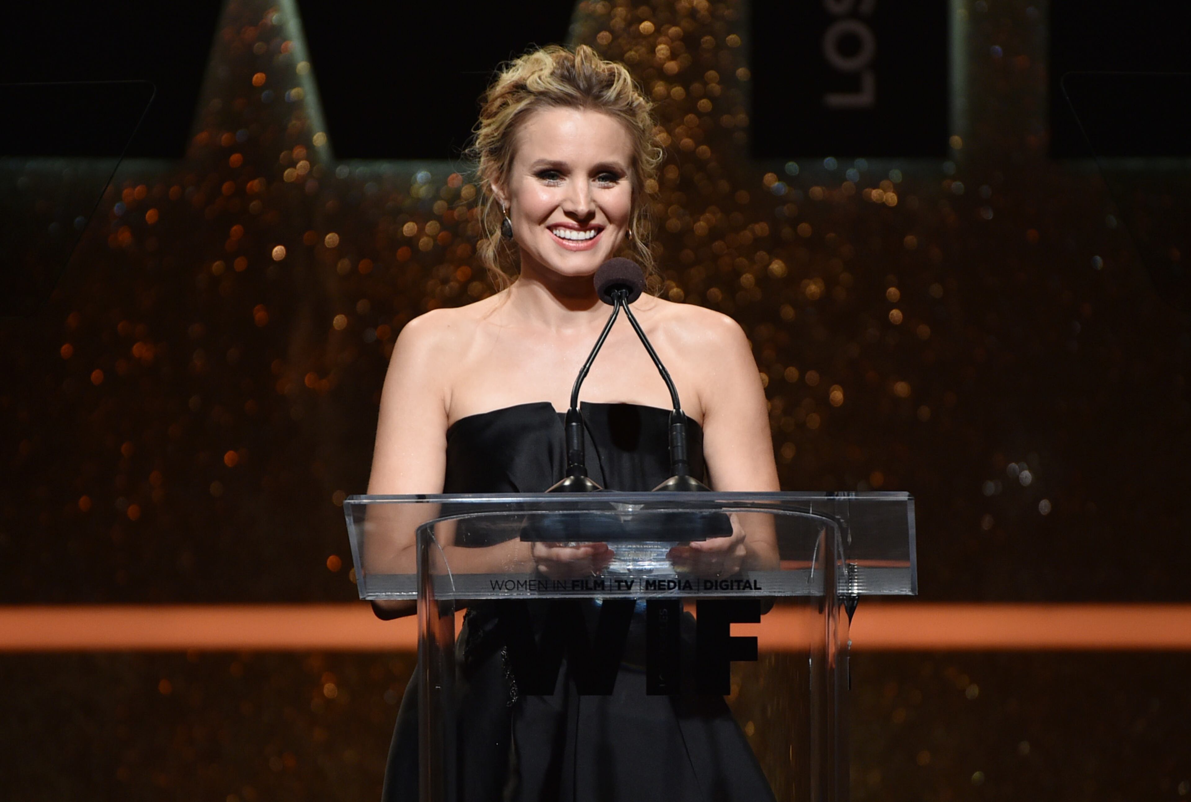 Kristen Bell speaks on stage at the Women In Film 2014 Crystal And Lucy Awards at the Hyatt Regency Century Plaza on Wednesday, June 11, 2014, in Los Angeles. (Photo by John Shearer/Invision/AP)