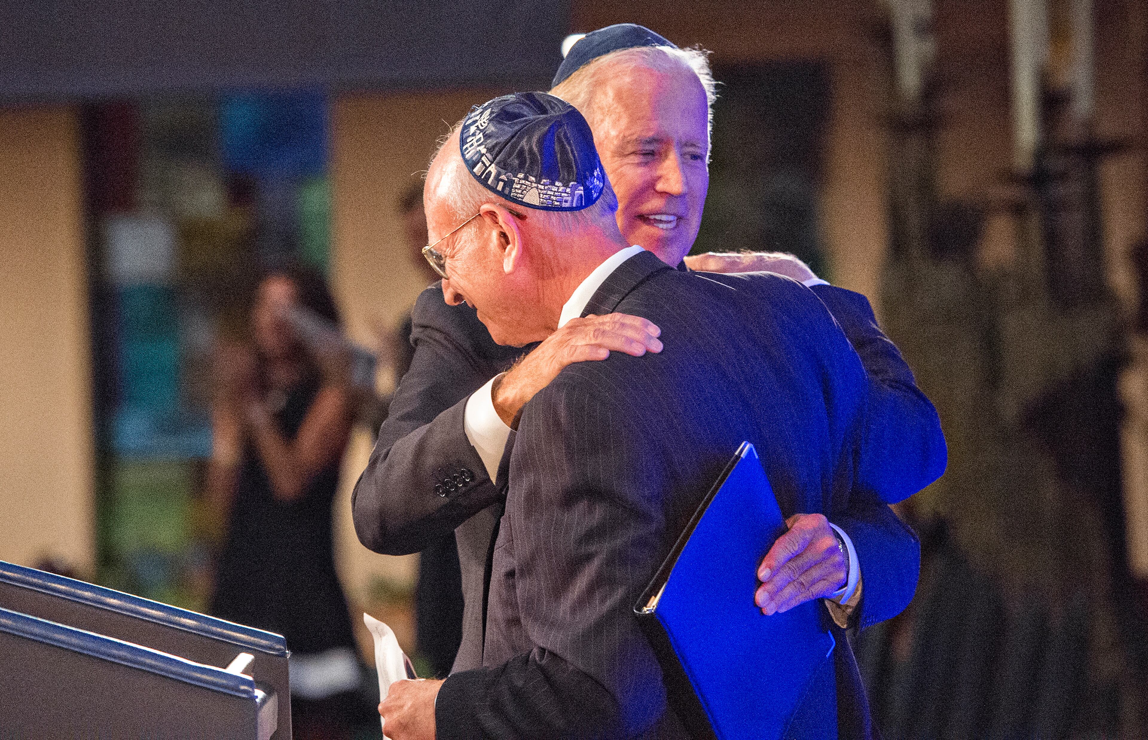 Vice President of the United States Joe Biden (right) hugs Stuart Eizenstat during the 2015 Fran Eizenstat and Eizenstat Family Annual Lecture at the Ahavath Achim Synagogue in Atlanta on Thursday, September 3, 2015. JONATHAN PHILLIPS / SPECIAL