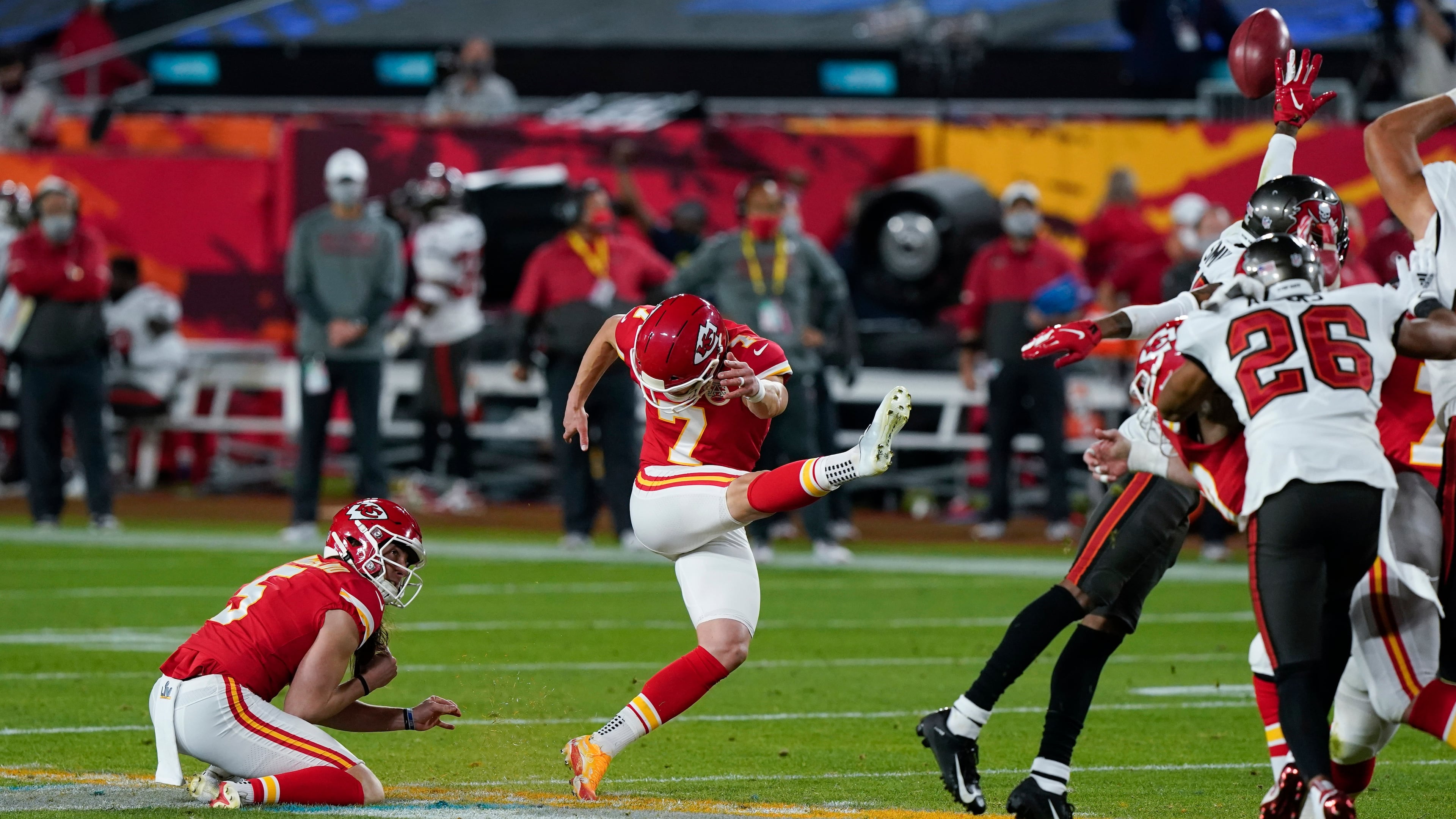 Kansas City Chiefs kicker Harrison Butker (7) kicks a field goal against the Tampa Bay Buccaneers during the first half of Super Bowl 55 Sunday, Feb. 7, 2021, in Tampa, Fla. (AP Photo/Mark Humphrey)