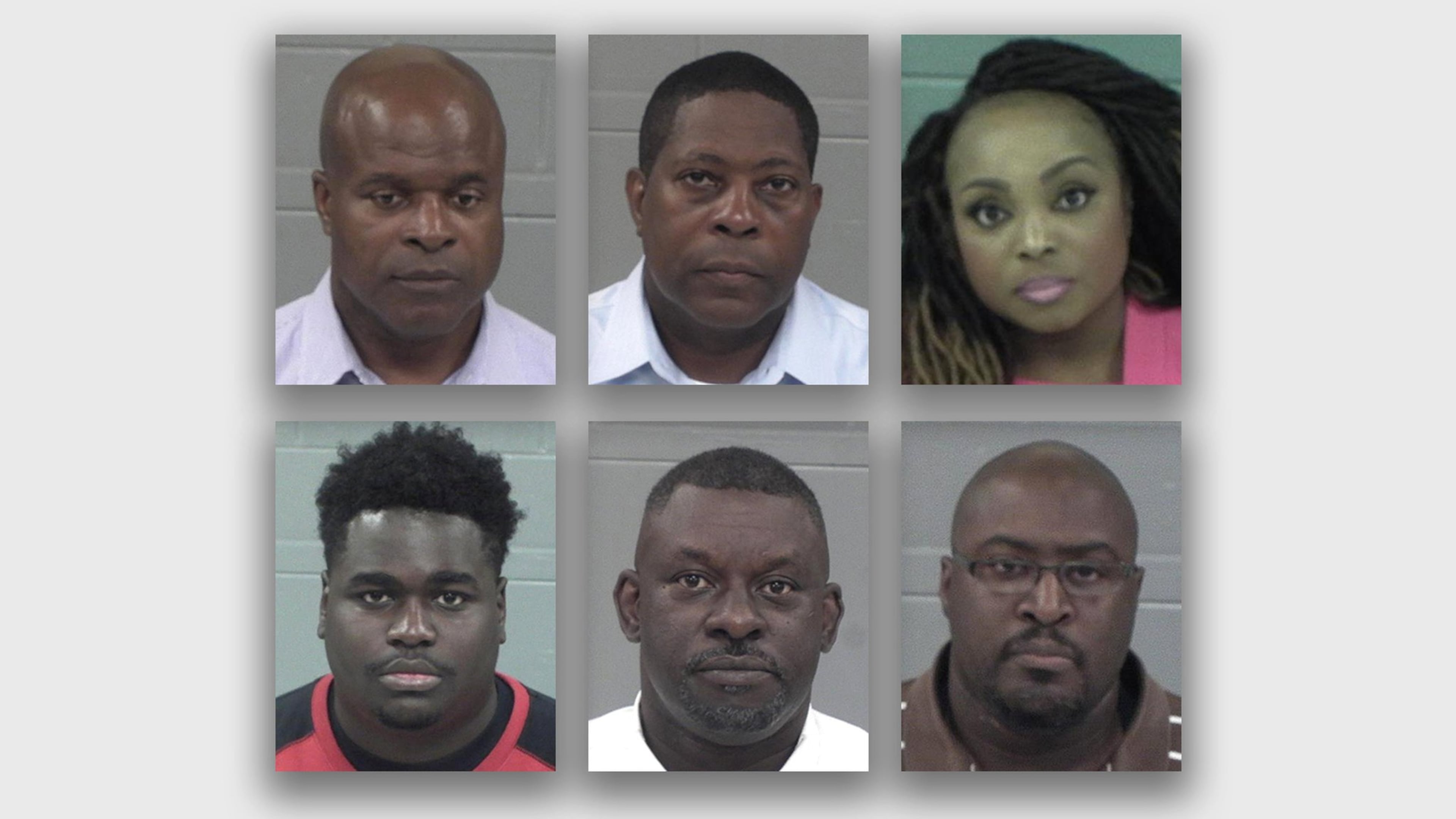 Clockwise from top left, mugshots of Kenneth Howard, Charles E. Jones, Alecia Johnson, Ryan Jenkins, Arthur James Nance and Devonte Little. (Peach County Sheriff)