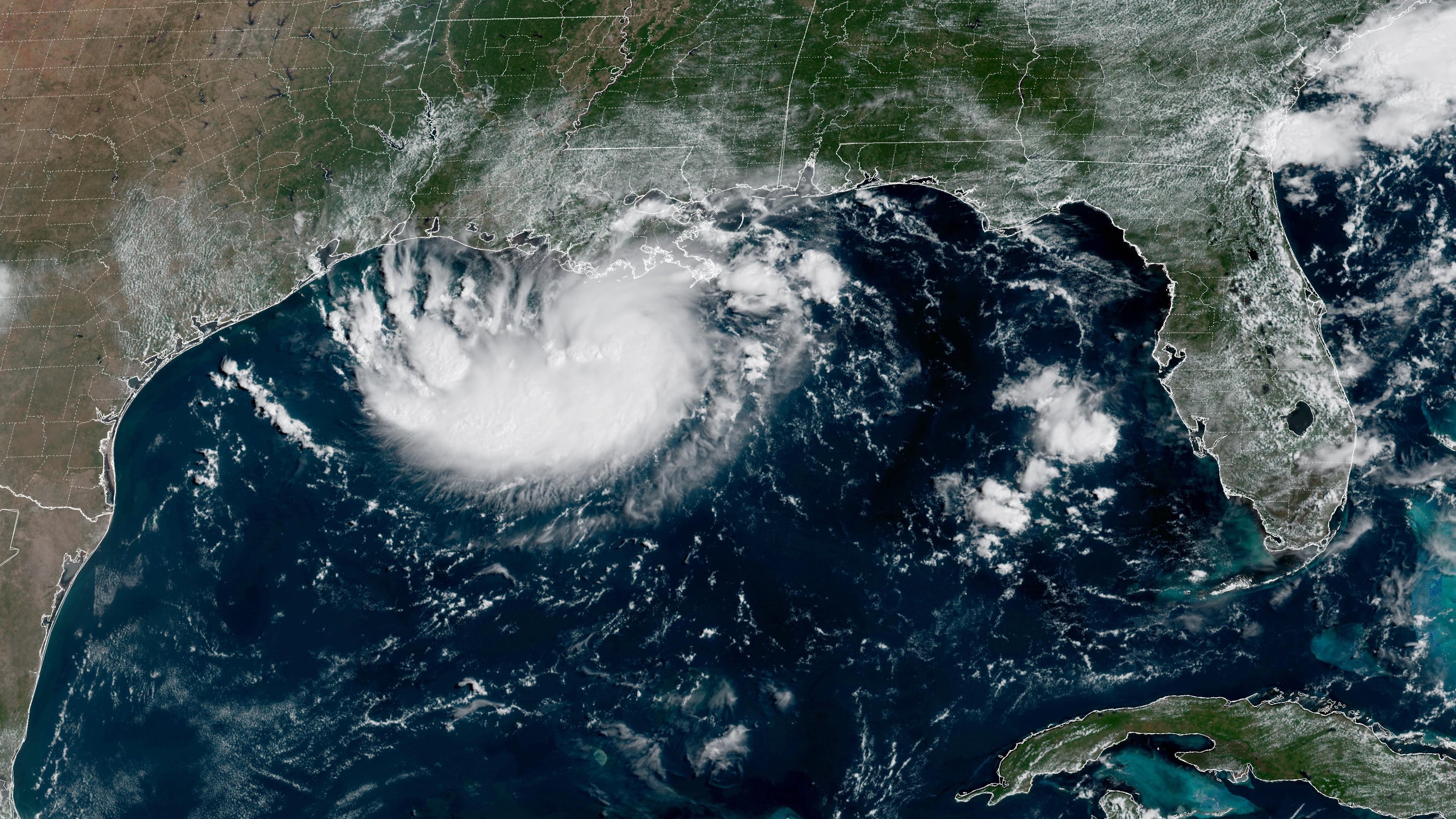This satellite image released by NOAA shows Potential Tropical Cyclone Five forming over the Gulf of Mexico on Monday, Aug. 31, 2026. (NOAA via AP)