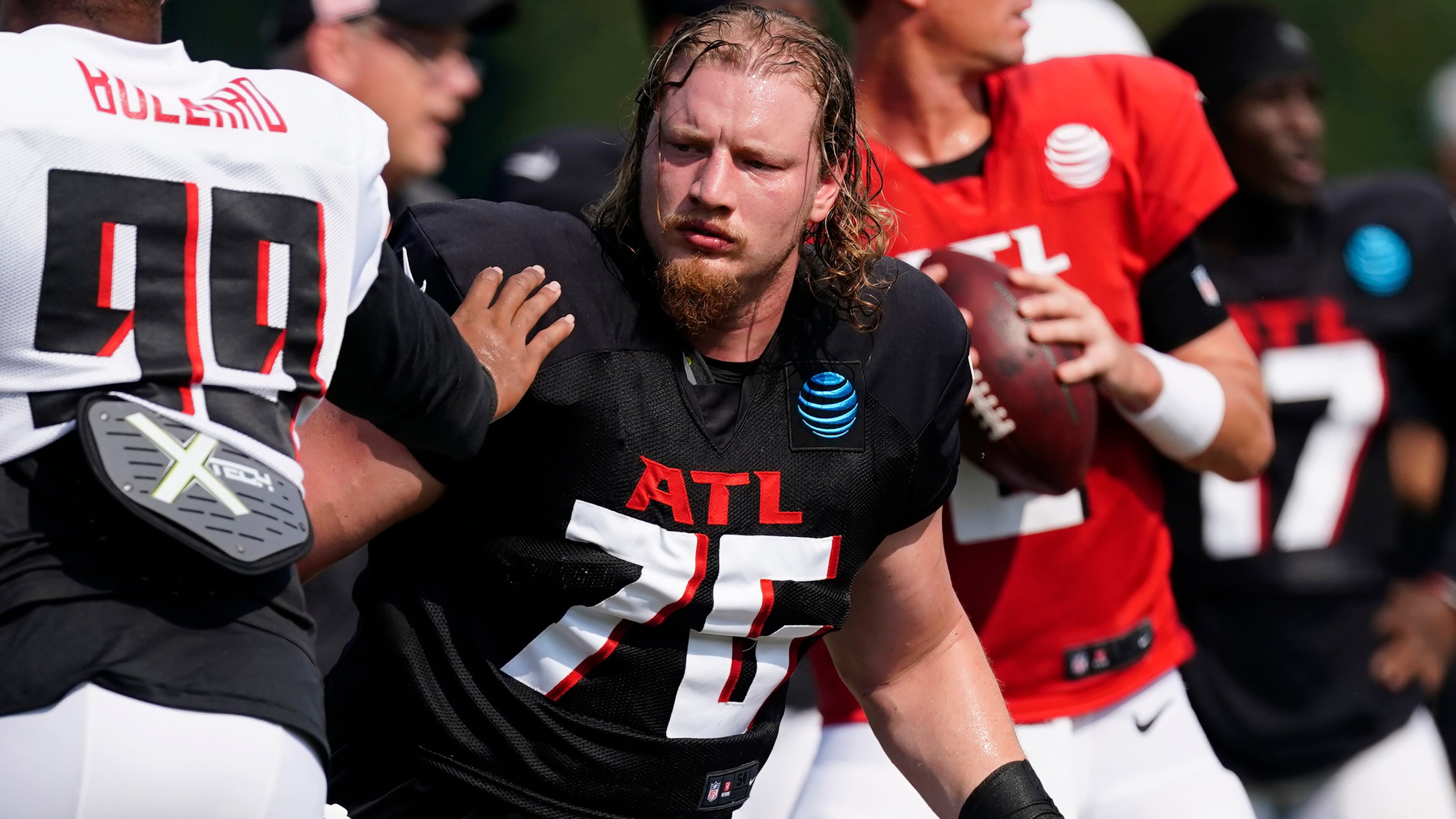 The Falcons placed starting right tackle Kaleb McGary on the NFL’s reserve/COVID-19 list Monday. (AP Photo/John Bazemore)