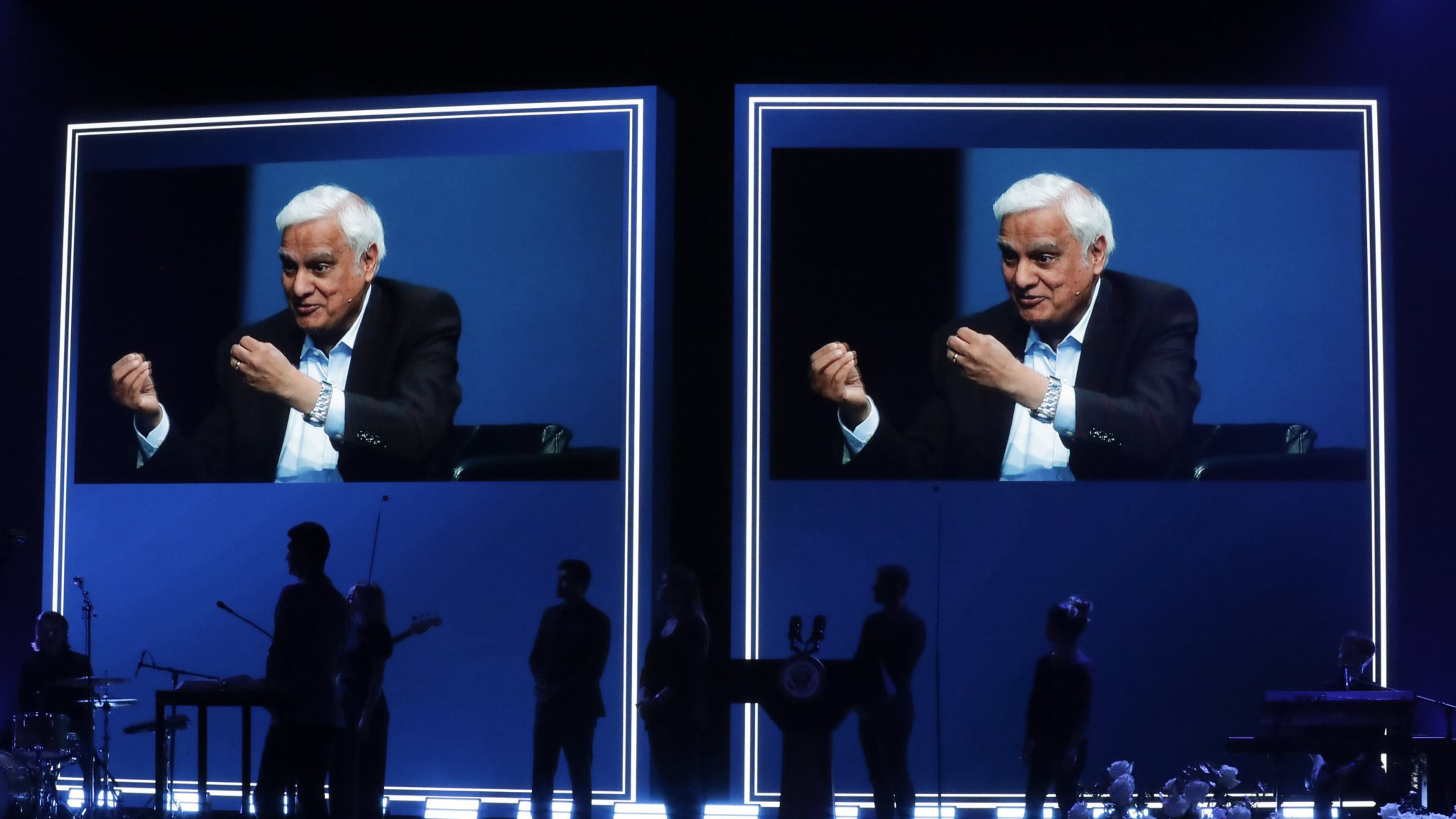 More than 300 people, including Vice President Mike Pence, attended a memorial service at Passion City Church for evangelist and Christian apologist Ravi Zacharias (shown on screen) on Friday, May 29, 2020, in Atlanta. AP PHOTO / BRYNN ANDERSON
