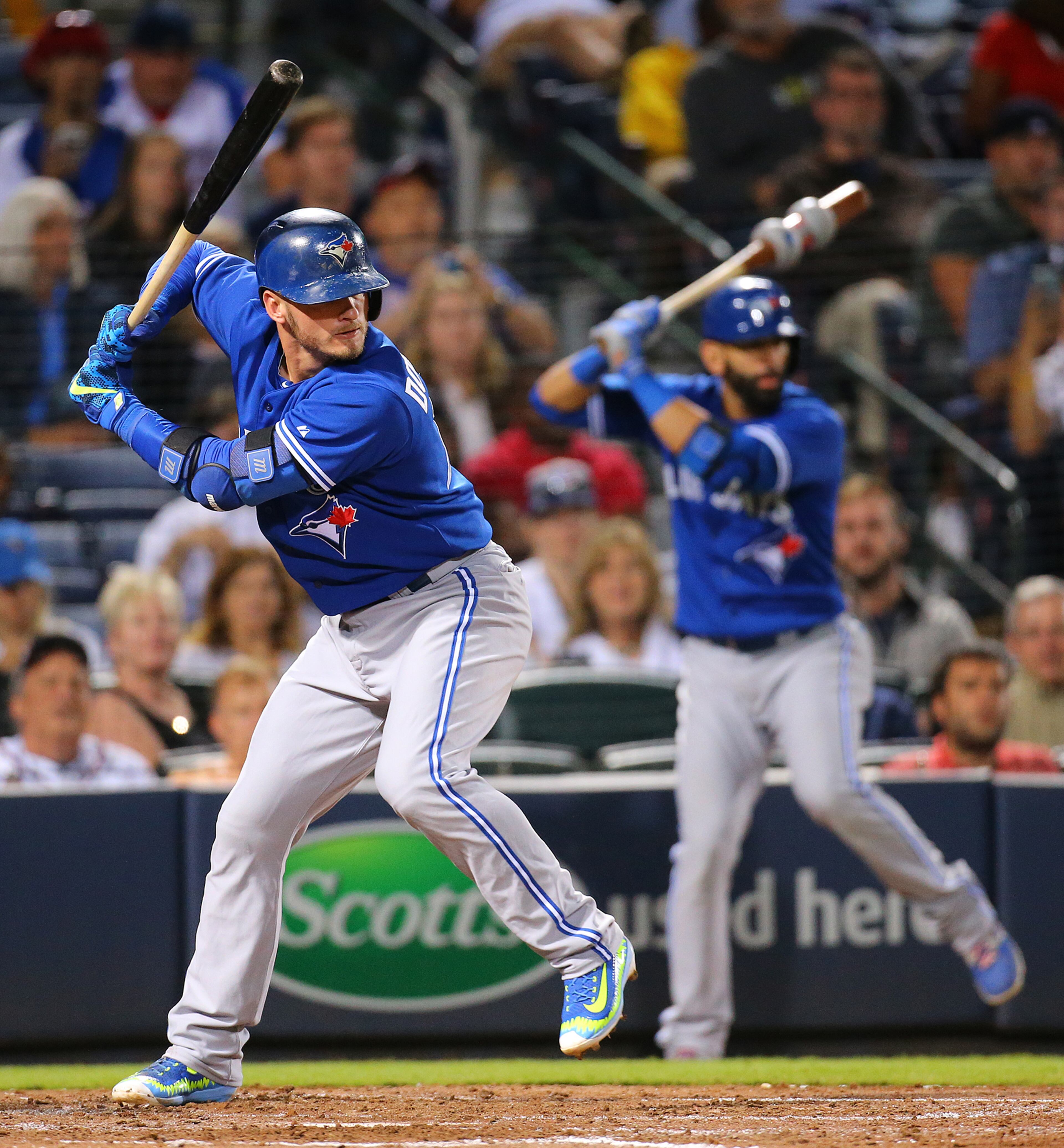 Blue Jays sluggers Josh Donaldson (left) bats with Jose Bautista on deck during the seventh inning against the Braves in a baseball game on Tuesday, Sept. 15, 2015, in Atlanta. Curtis Compton / ccompton@ajc.com