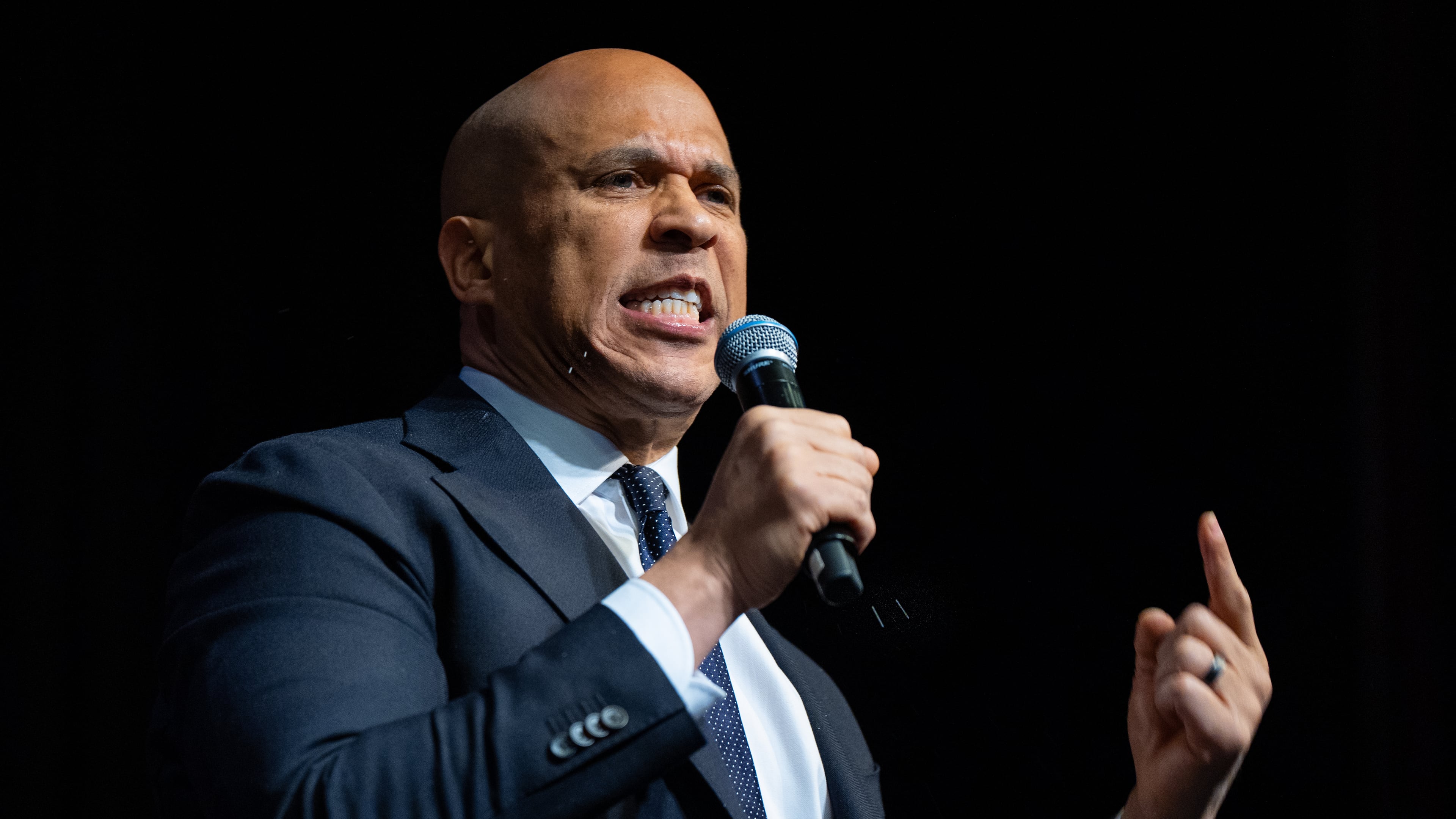 Sen. Cory Booker, D-N.J., speaks at the National Action Network (NAN) Convention in New York, Saturday, April 11, 2026. (AP Photo/Angelina Katsanis)