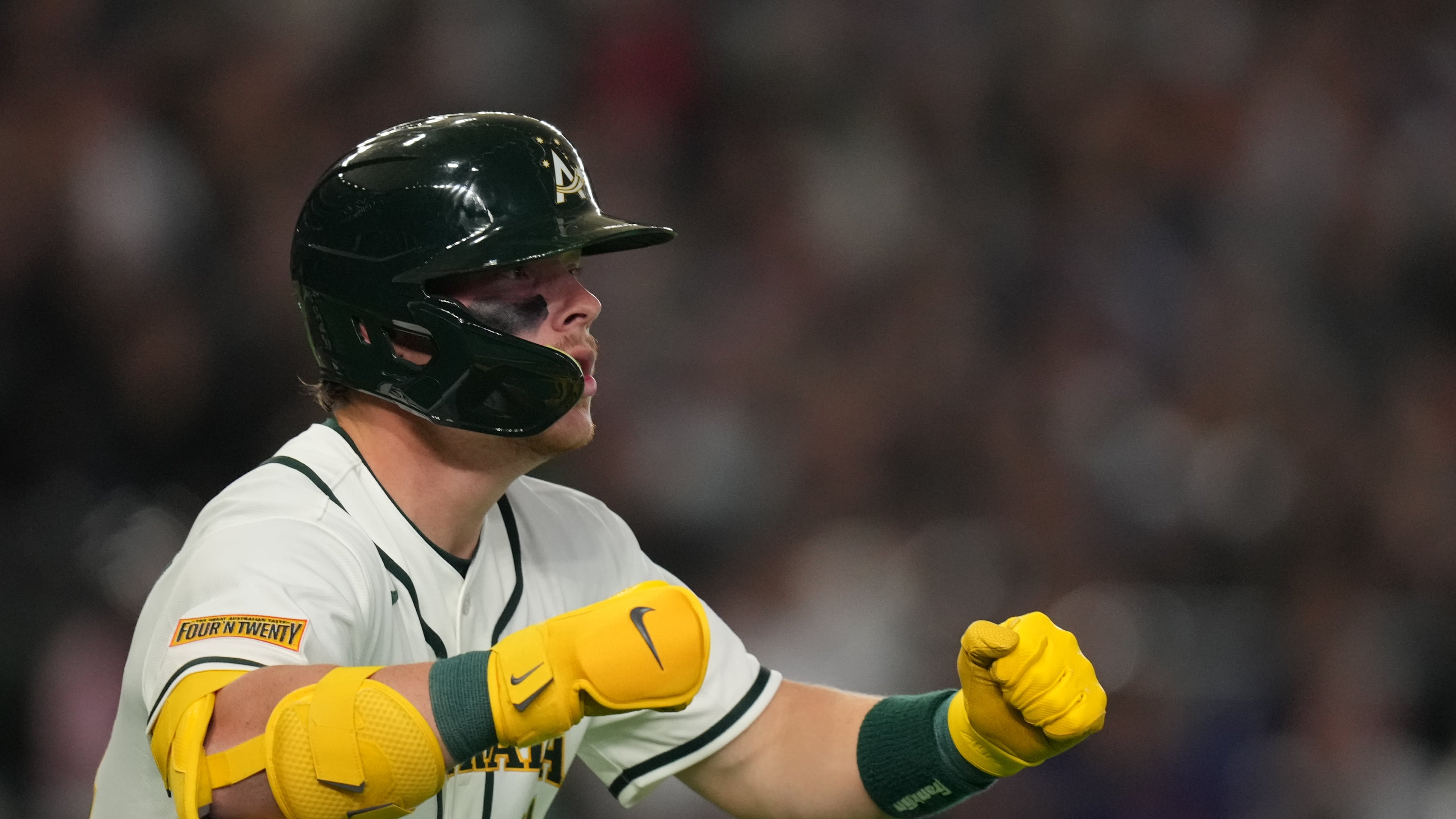 Australia's Travis Bazzana celebrates after hitting a solo home run against Taiwan in the seventh inning of a World Baseball Classic game in Tokyo, Thursday, March 5, 2026. (AP Photo/Hiro Komae)