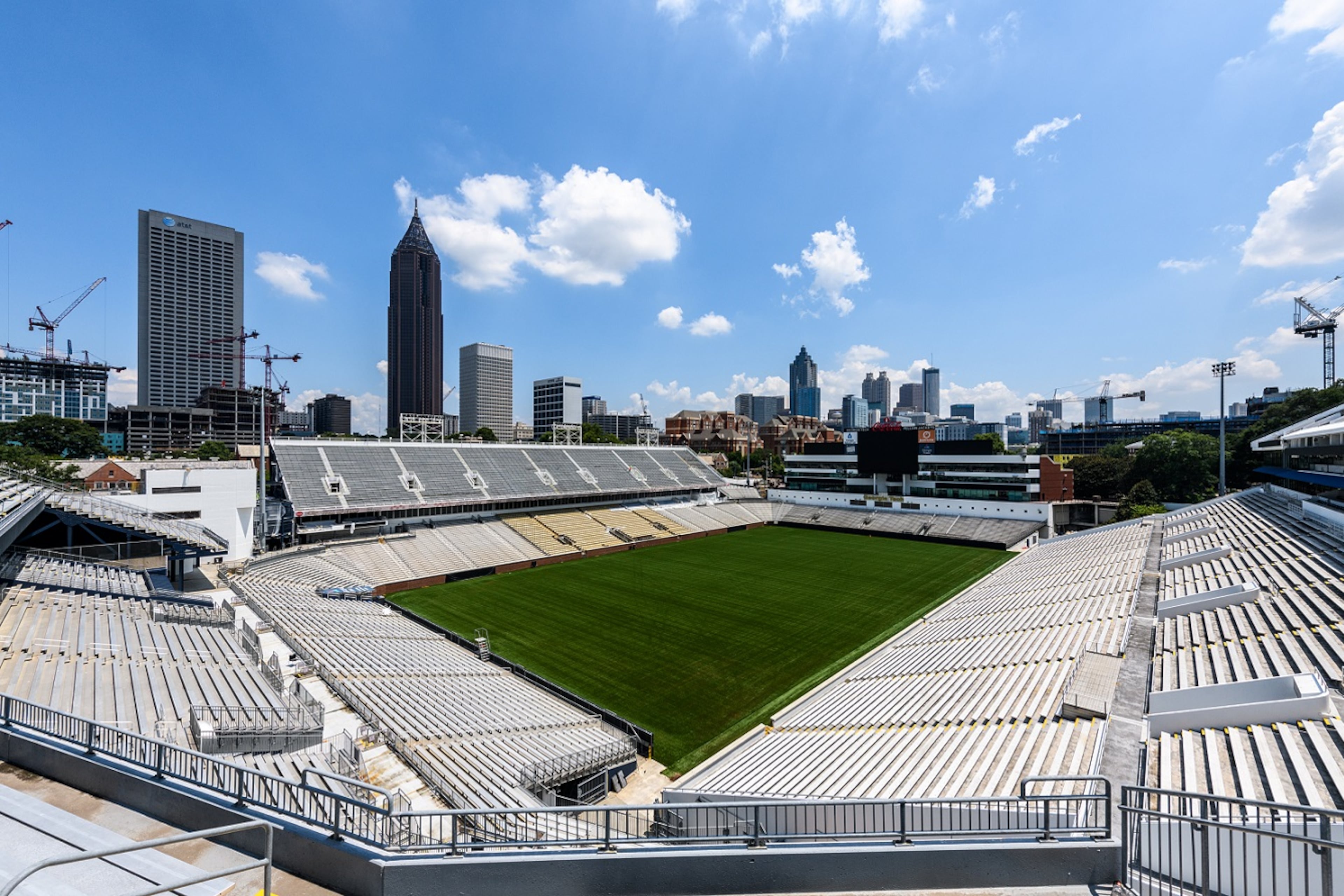 This photo from July 16, 2020 shows work continuing on the installation of an artificial-turf surface on Grant Field at Georgia Tech’s Bobby Dodd Stadium. The project began in the spring of 2020, with an expected completion in late July.