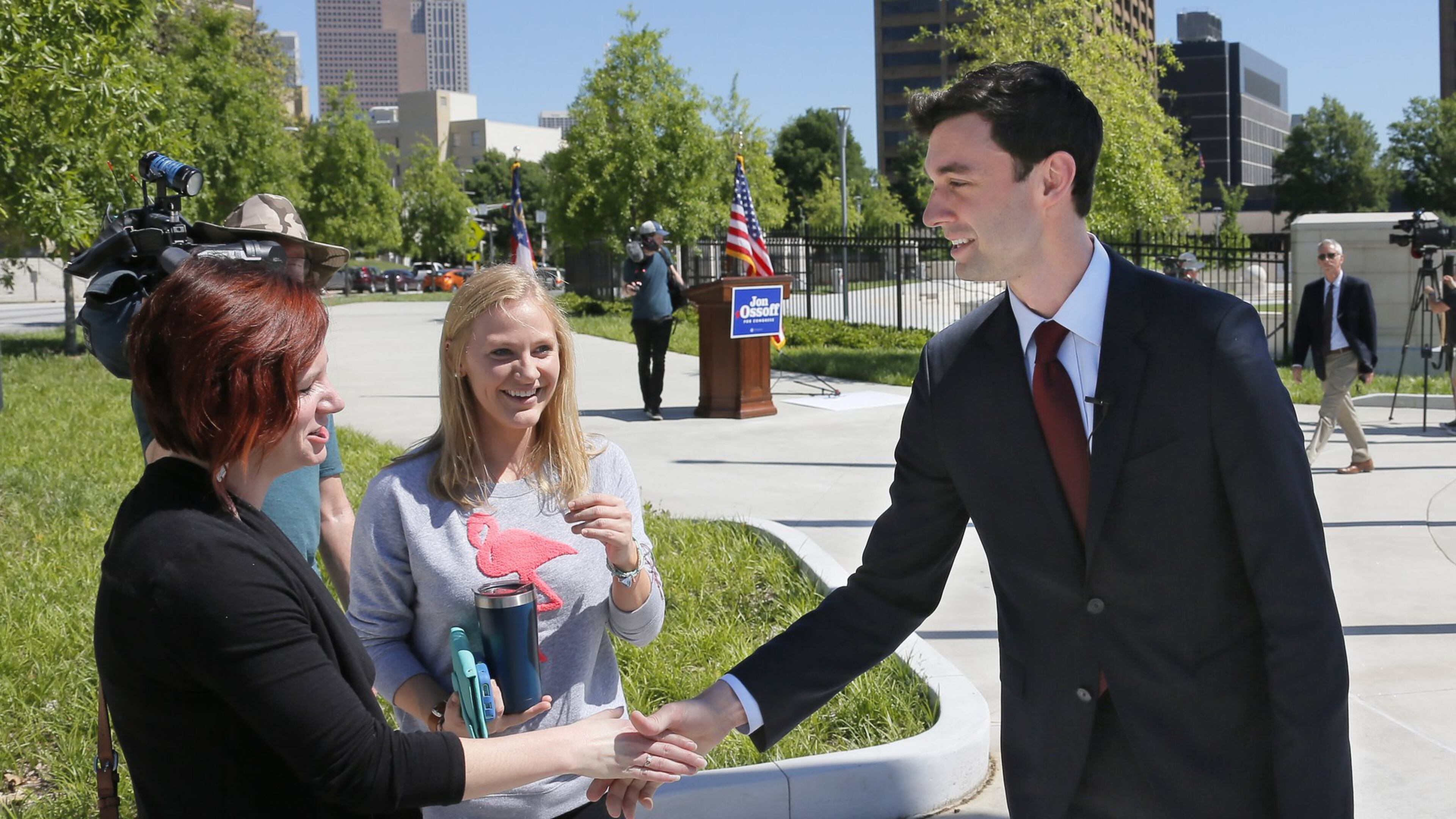 Democrat Jon Ossoff shakes hands with supporters Wednesday after he held a press conference in Liberty Plaza, across from the Capitol. Saying that “cutting waste is simply not a partisan issue,” Ossoff made a pitch to reduce federal spending by $16 billion BOB ANDRES /BANDRES@AJC.COM