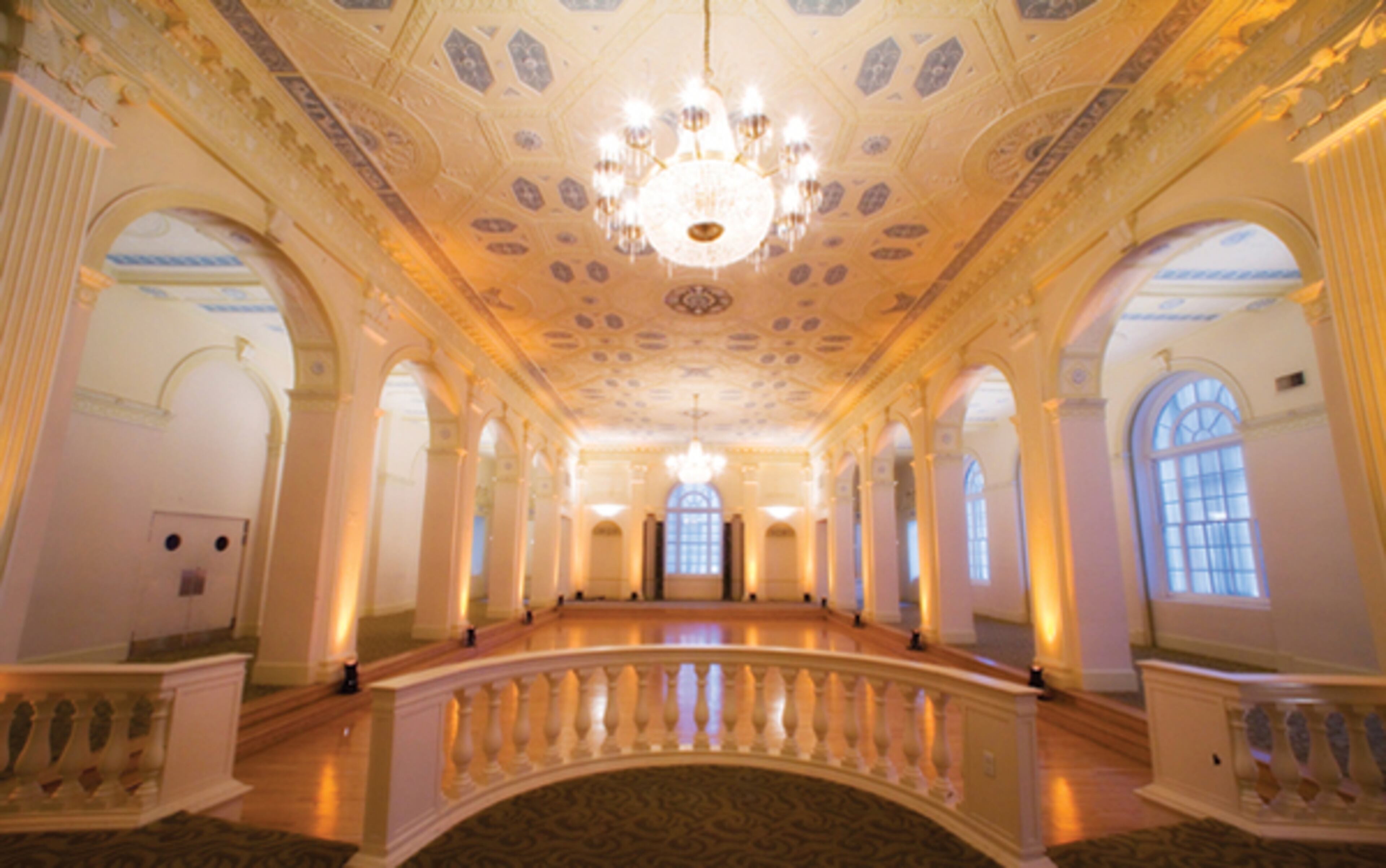 The Imperial Ballroom is the more intimate of the two ballrooms and features Colonial Revival architecture.
