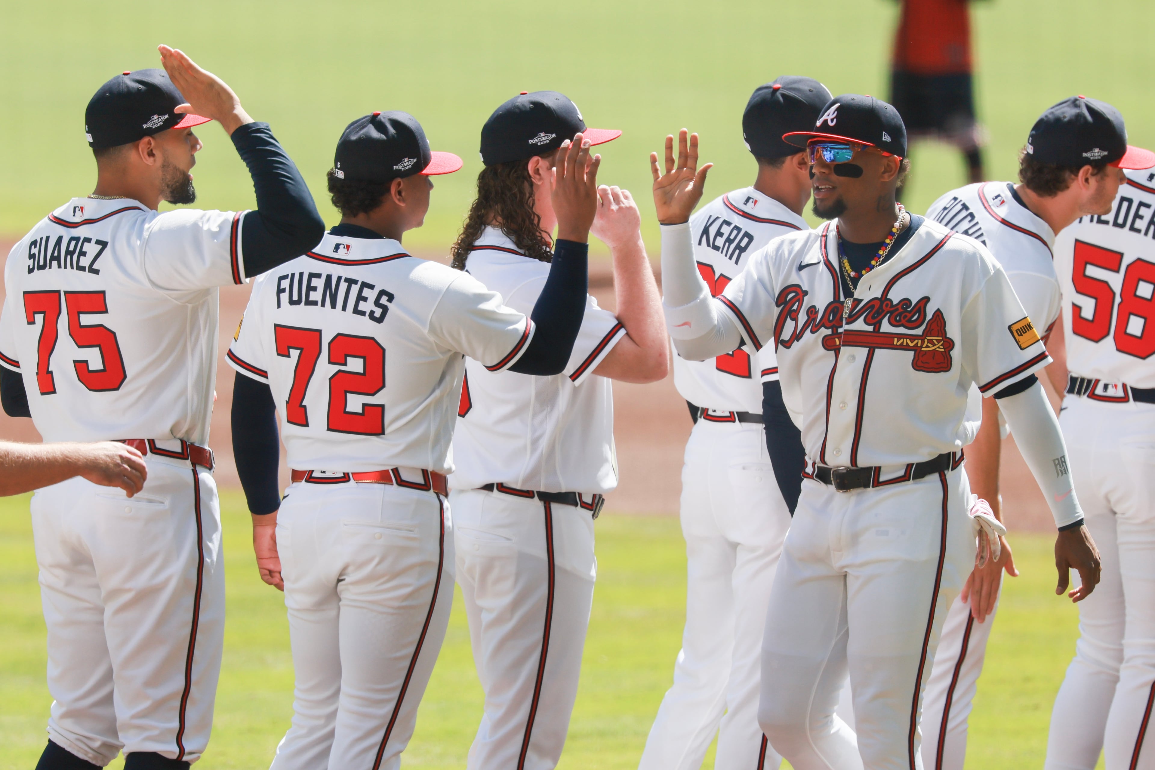 Atlanta Braves right fielder Ronald Acuña Jr. (13) is introduced before Game 1 of a MLB National League Wild Card playoff series between the Atlanta Braves and the Philadelphia Phillies, Tuesday, Sept. 29, 2026, in Atlanta. (Jason Getz/AJC)