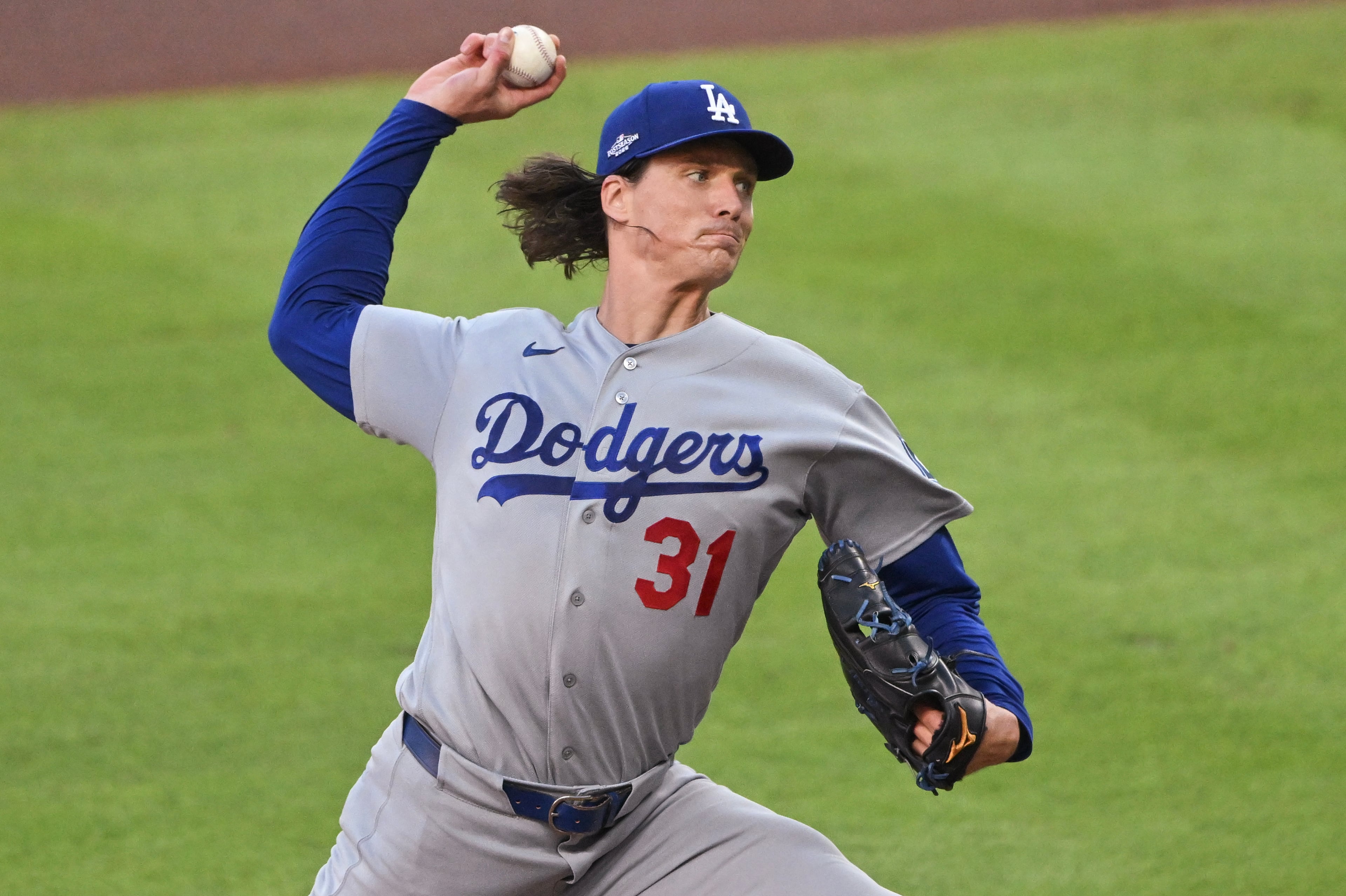 Los Angeles Dodgers pitcher Tyler Glasnow (31) delivers to an Atlanta Braves during the first inning of Game 4 of the MLB National League Division Series between the Atlanta Braves and the Los Angeles Dodgers, Wednesday, Oct. 7, 2026, in Atlanta. (Hyosub Shin/AJC)