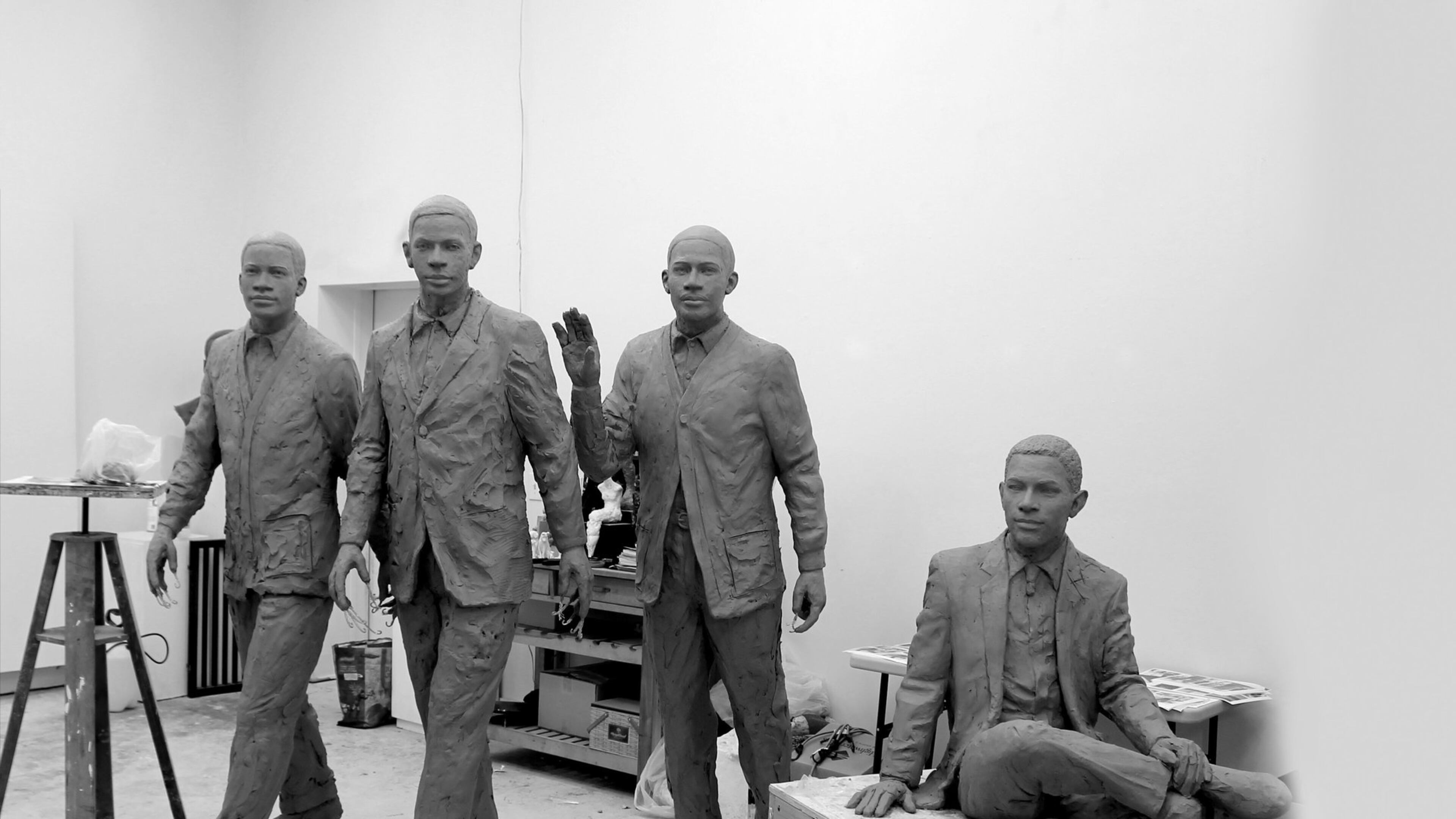 The original clay models of “The Three Pioneers” sculpture, honoring Ralph A. Long Jr., Lawrence Williams and Ford C. Greene, that will be placed in Georgia Tech’s Harrison Square.“The First Graduate,” honoring Ronald Yancey, shows him sitting down. (Courtesy Georgia Tech).
