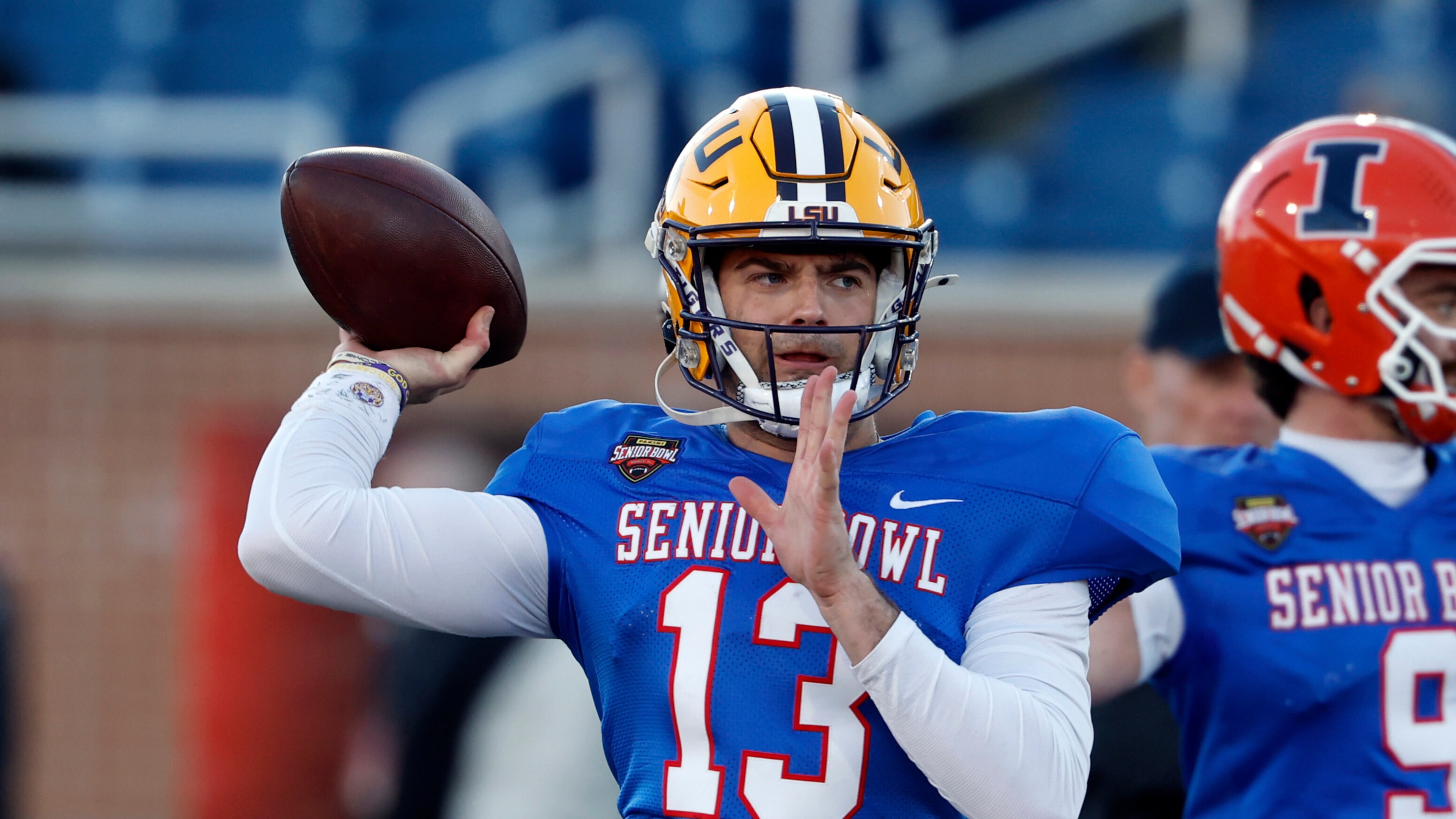 American team quarterback Garrett Nussmeier participates in practice for the Senior Bowl on Wednesday, Jan. 28, 2026, in Mobile, Ala. “I’m just trying to be myself,” Nussmeier says. “Trying to go out there and show that Garrett Nussmeier is enough.” (Butch Dill/AP)