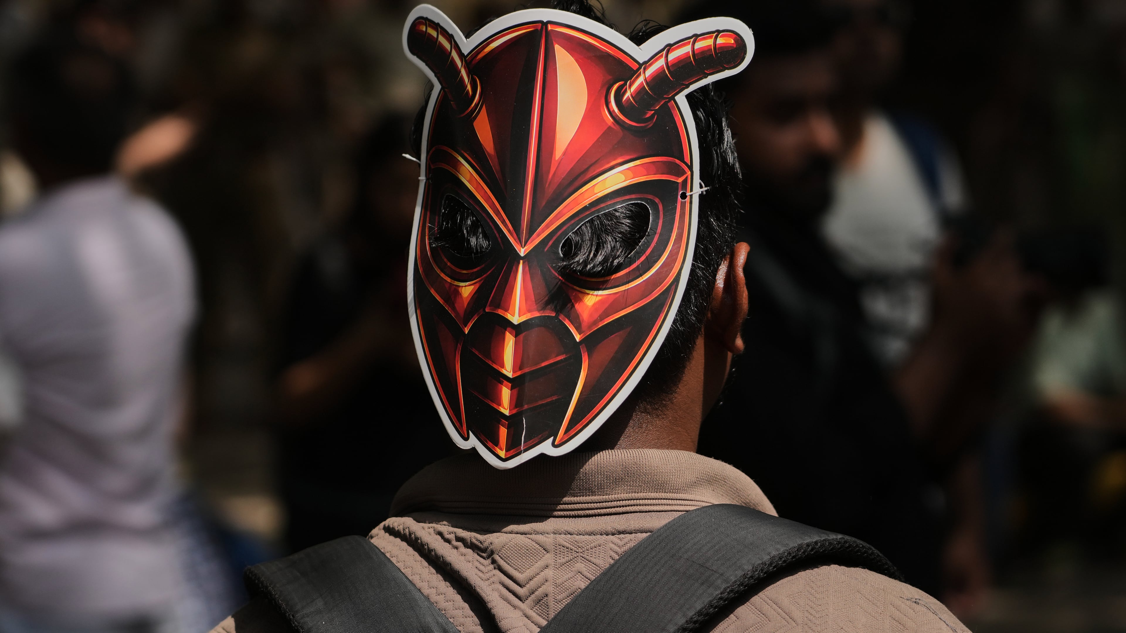 A participant wears a cockroach mask as supporters of the Cockroach Janta Party gather for a protest demonstration in New Delhi, India, Saturday, June 6, 2026. (AP Photo/Manish Swarup)