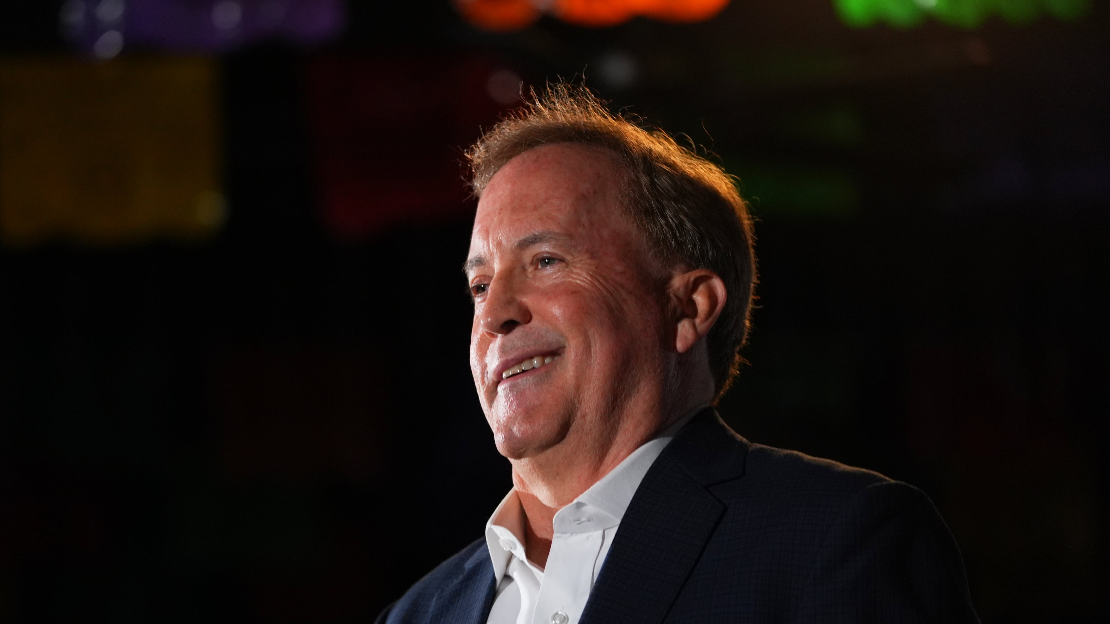Texas Attorney General Ken Paxton, a Republican candidate for the U.S. Senate, smiles at a campaign event in McKinney, Texas, Tuesday, May 19, 2026. (AP Photo/LM Otero)