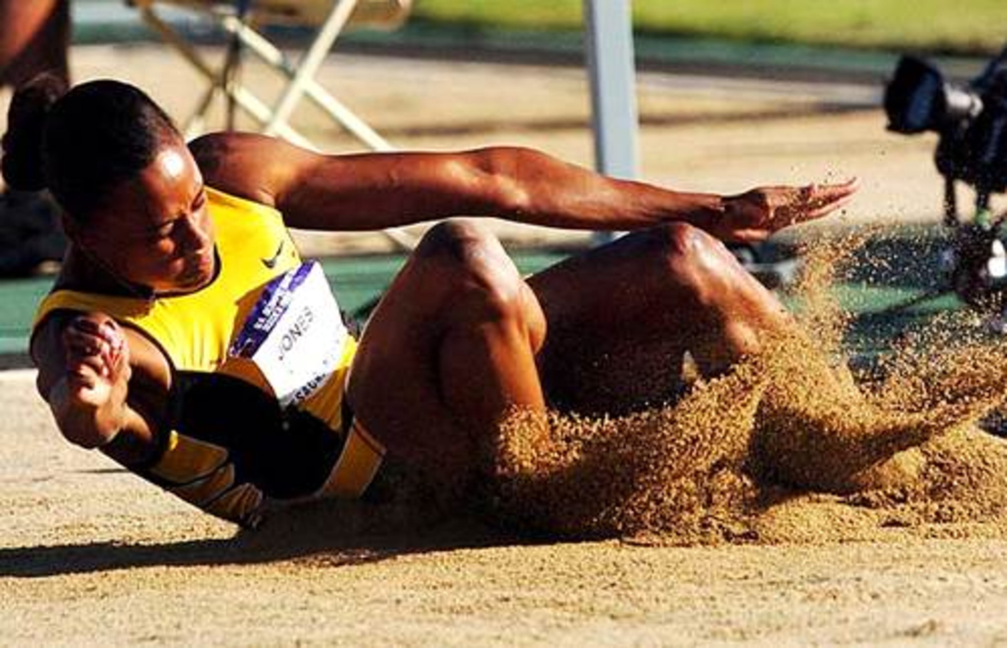 Jones leaps 23 feet 4 inches in the women's long jump final during the U.S. Olympic Track and Field Trials on July 15, 2004 in Sacramento, California.