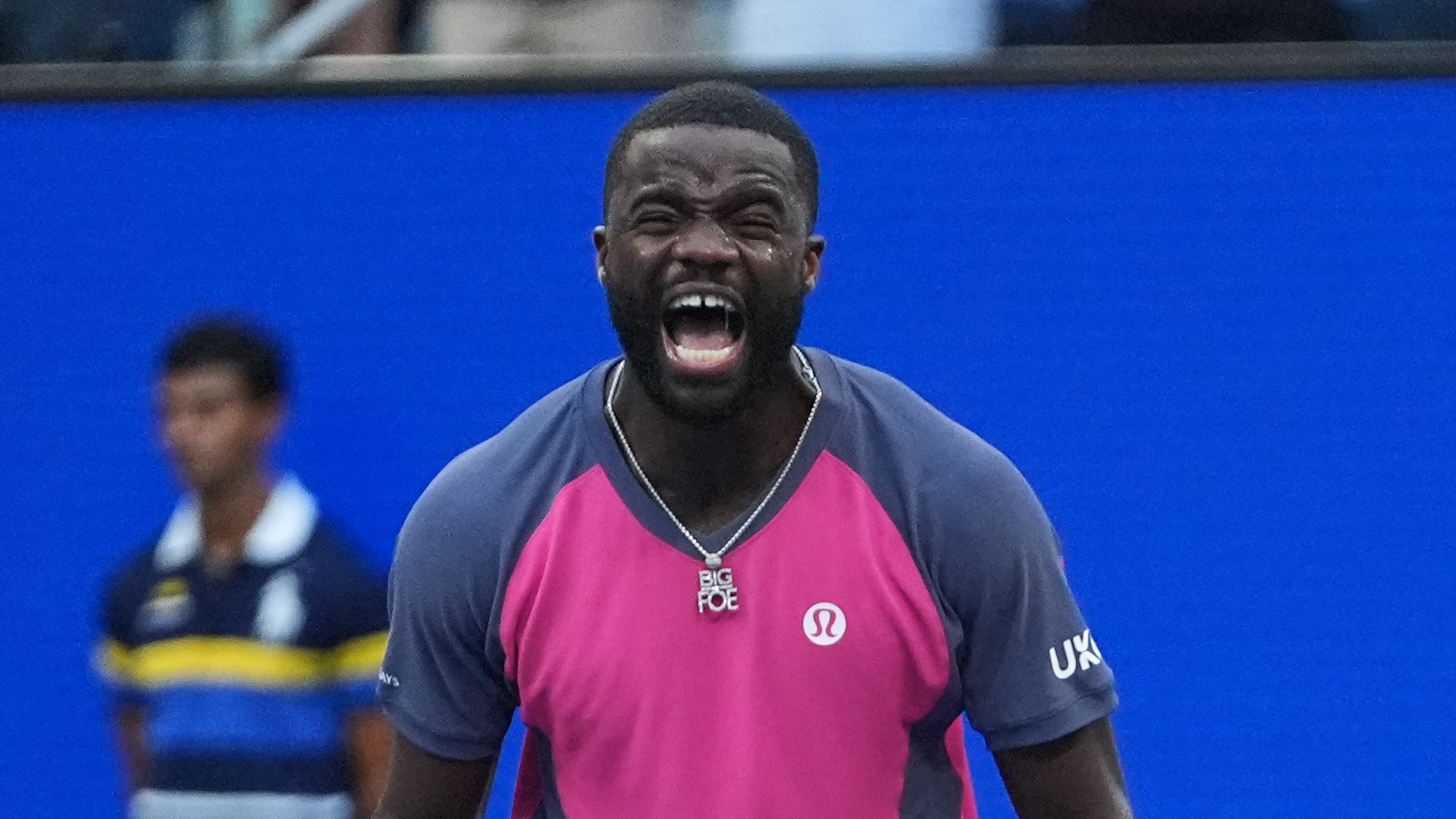 Frances Tiafoe, of the United States, celebrates winning a match against Daniil Medvedev, of Russia, during the fourth round of the U.S. Open tennis championships, Sunday, Sept. 6, 2026, in New York. (AP Photo/Frank Franklin II)