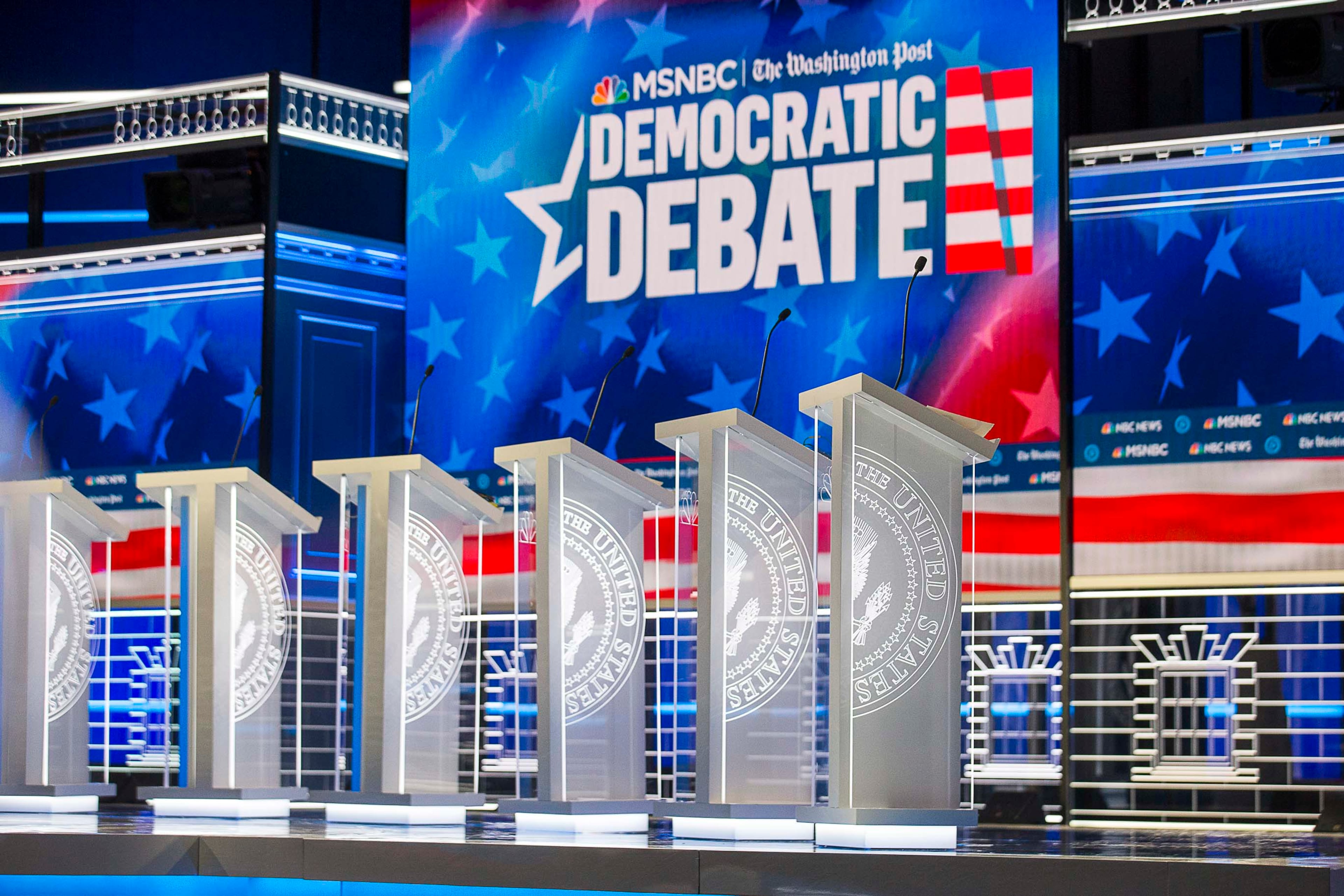 11/19/2019 -- Atlanta, Georgia -- Podiums are displayed on the debate stage a day before the televised MSNBC/The Washington Post Democratic Presidential debate inside the Oprah Winfrey Soundstage at Tyler Perry Studios in Atlanta, Tuesday, November 19, 2019. (Alyssa Pointer/Atlanta Journal Constitution)