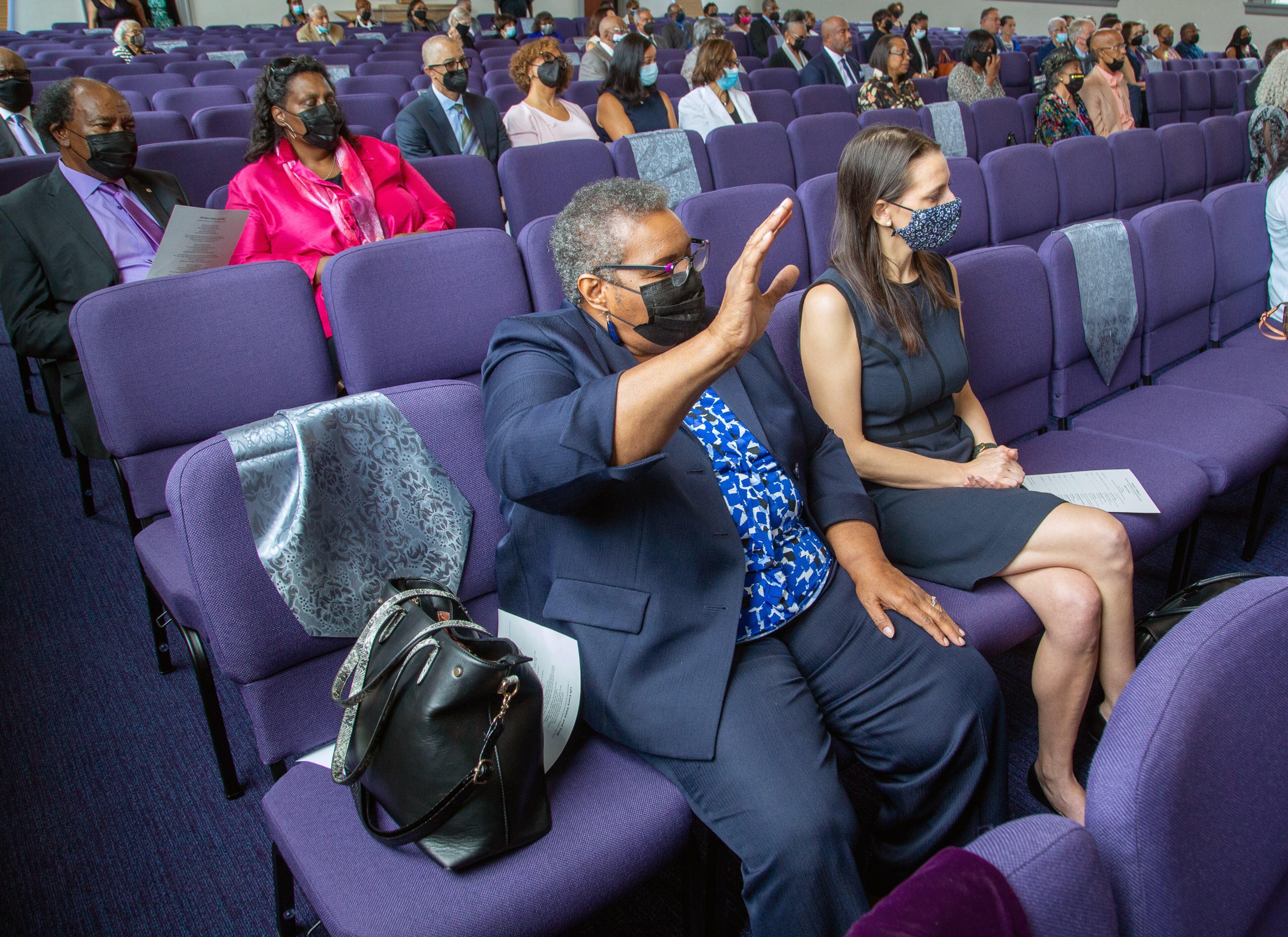 Carolyn Abrams sings along to one of the songs during the celebration of life and dedication Saturday, July 17, 2021, of the Jordan Family Life Center in Vernon Jordan's honor at St. Paul A.M.E. Church, where he was a lifelong member. (Photo: Steve Schaefer for The Atlanta Journal-Constitution)