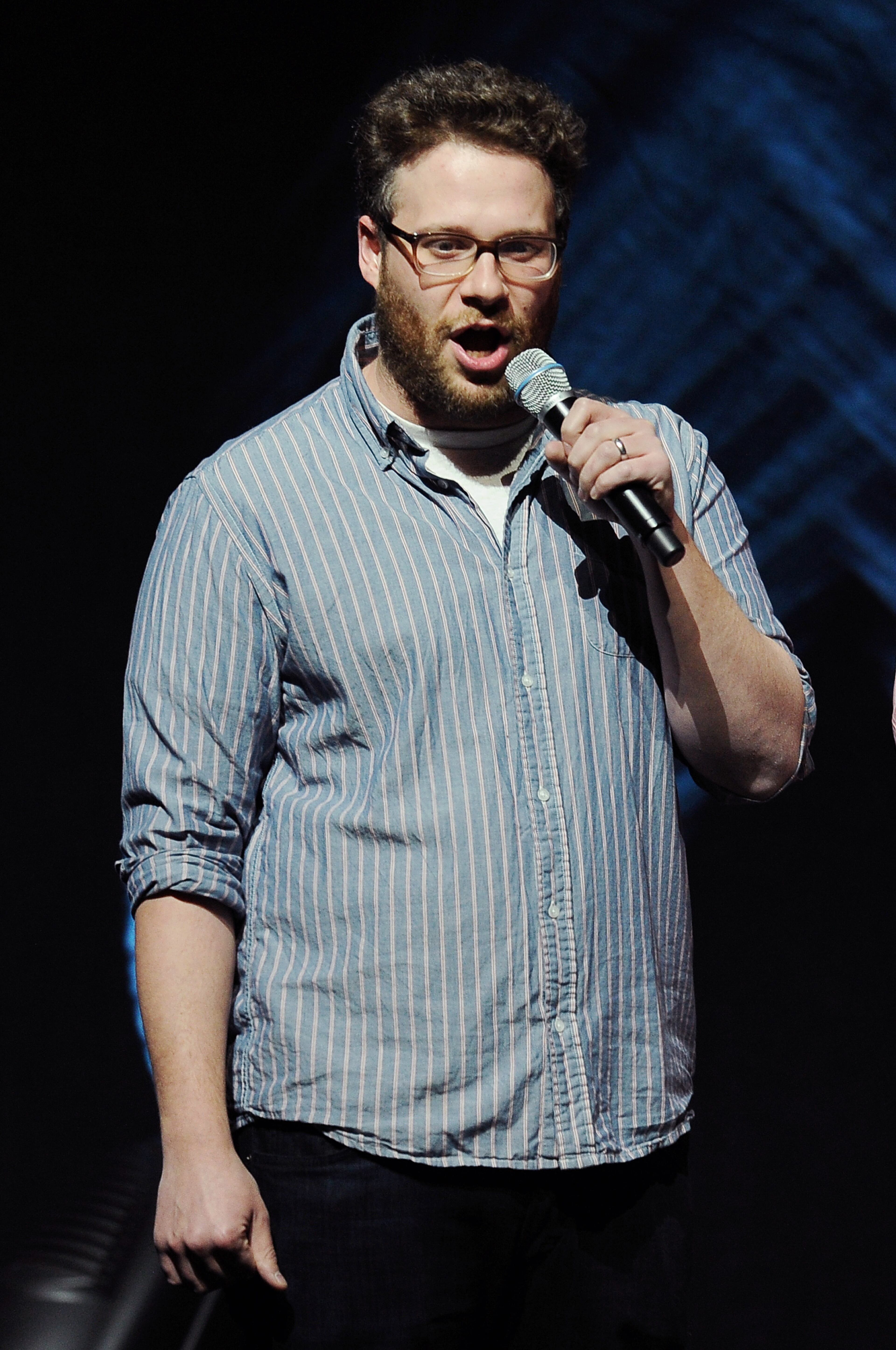Seth Rogen, a cast member in "Neighbors," introduces a screening of the film on the second day of CinemaCon 2014, on Tuesday, March 25, 2014, in Las Vegas. (Photo by Chris Pizzello/Invision/AP)
