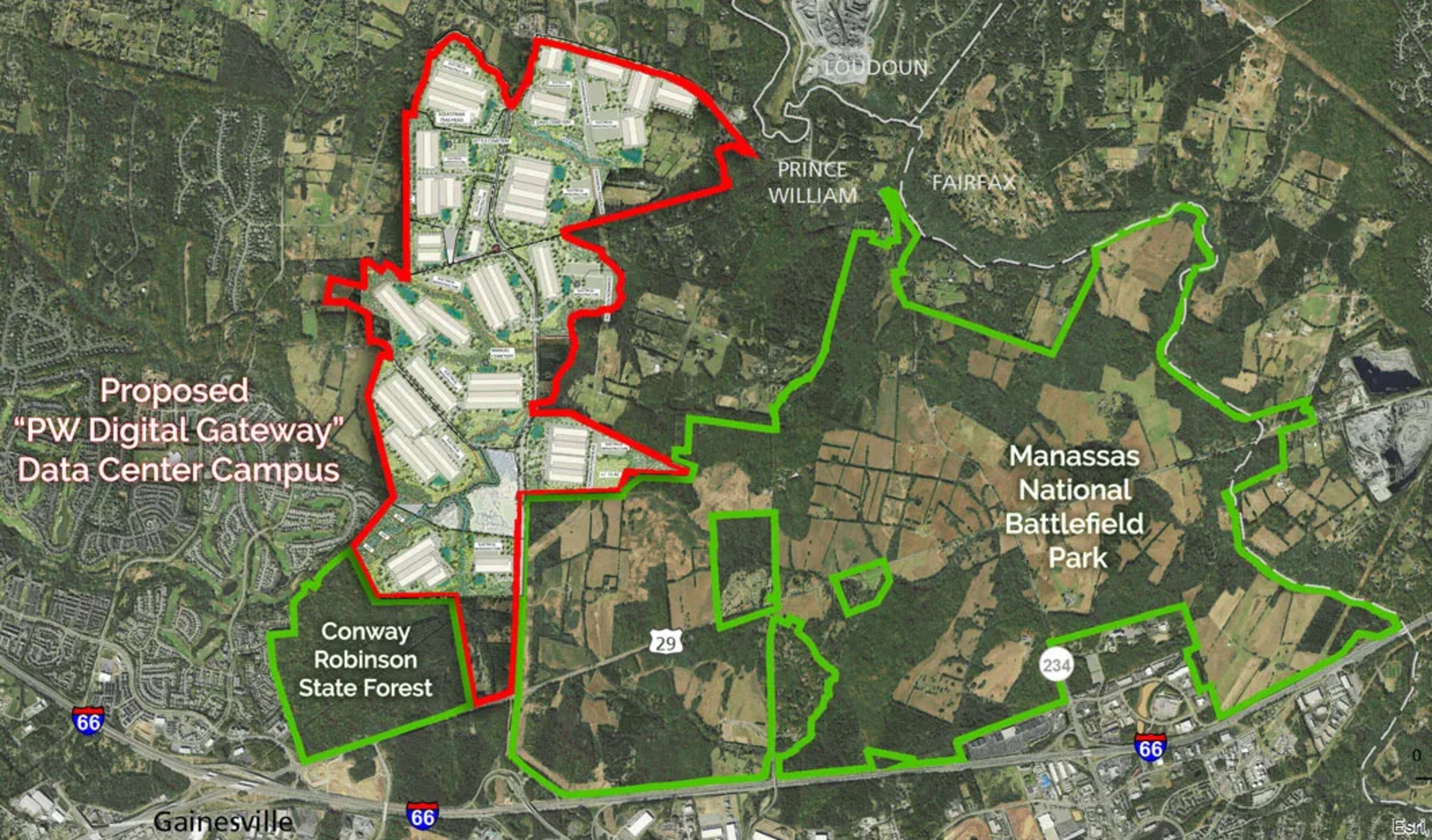PW Digital Gateway, one of the largest proposed data center campuses in the world, is planned next to Manassas National Battlefield Park, which has unified many residents in protest. (Courtesy of Piedmont Environmental Council)