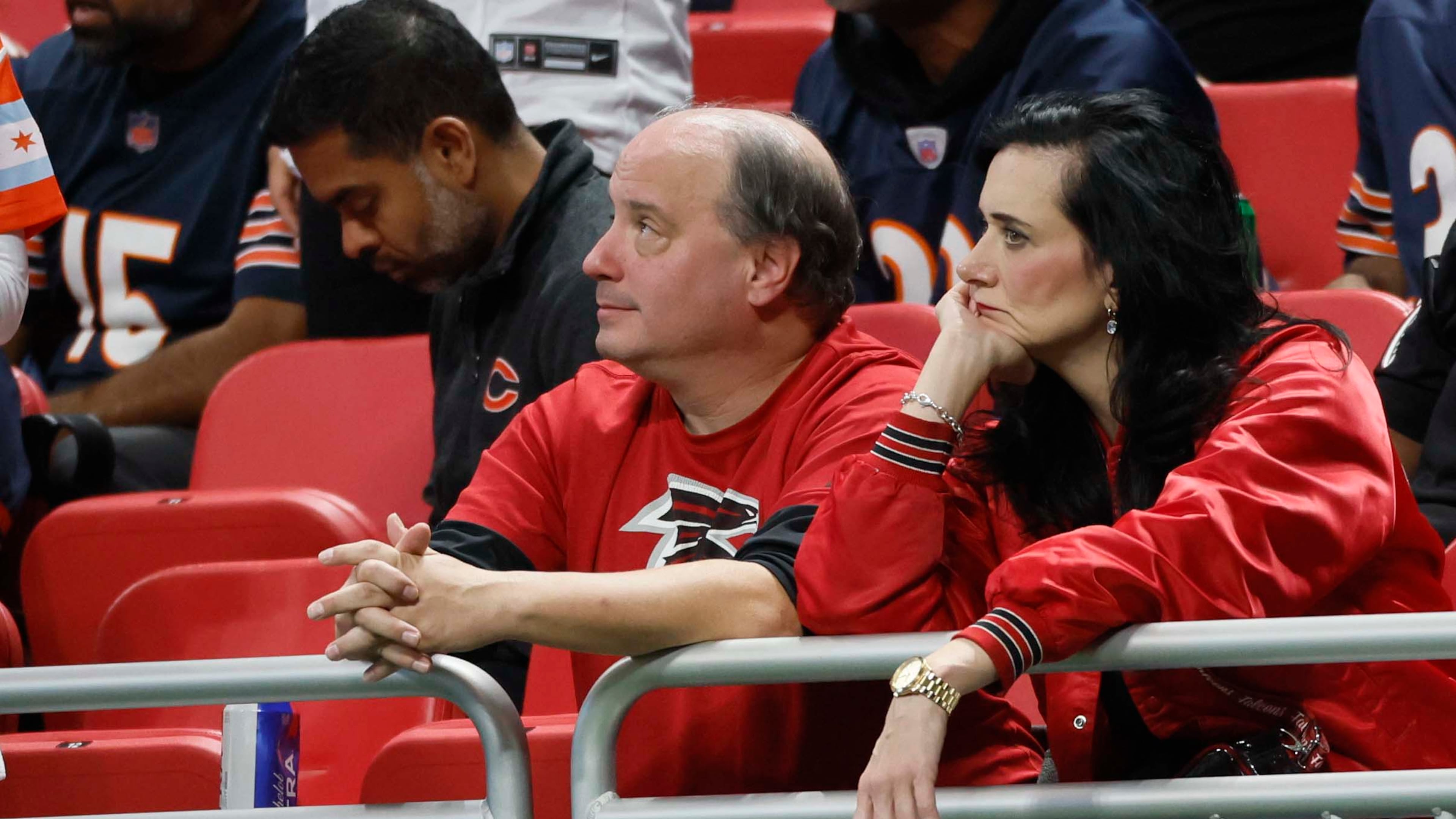 Atlanta Falcons fans are looking unhappy as the Falcons fumble the ball during the first half of an NFL football game against the Chicago Bears at Mercedes-Benz Stadium in Atlanta on Sunday, Oct. 18, 2026. (Miguel Martinez/AJC)