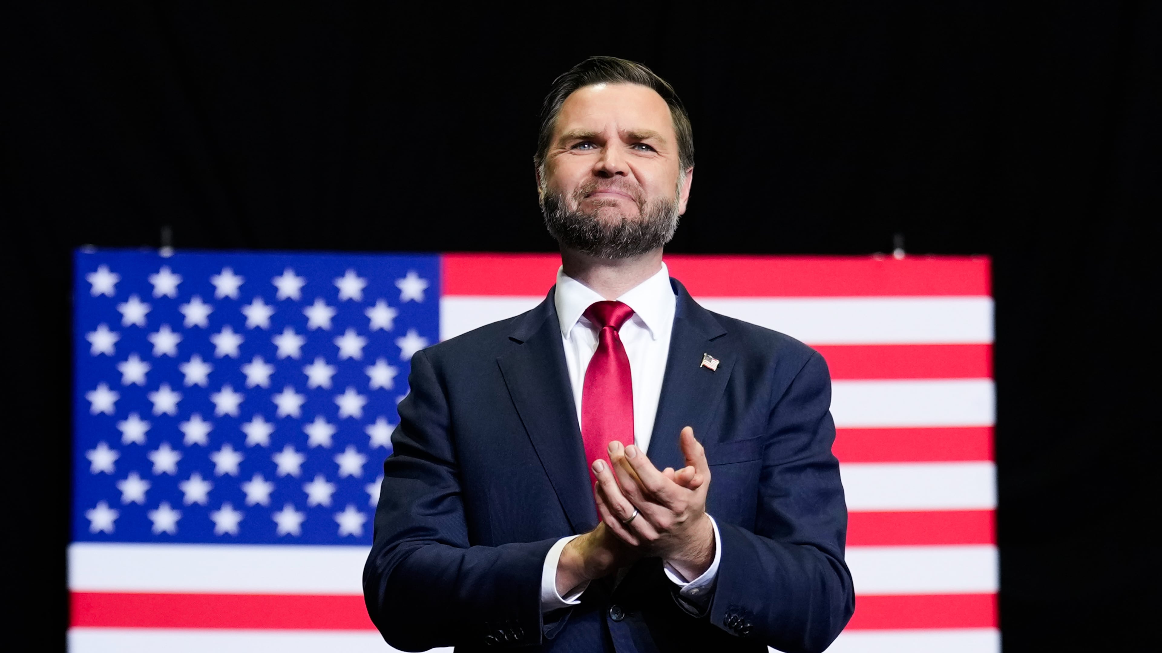 Vice President JD Vance speaks at a midterm campaign rally at the LevelUp Training Complex in Monroe, Mich., Thursday, Oct. 15, 2026. (Daniel Heuer/Pool Photo via AP)