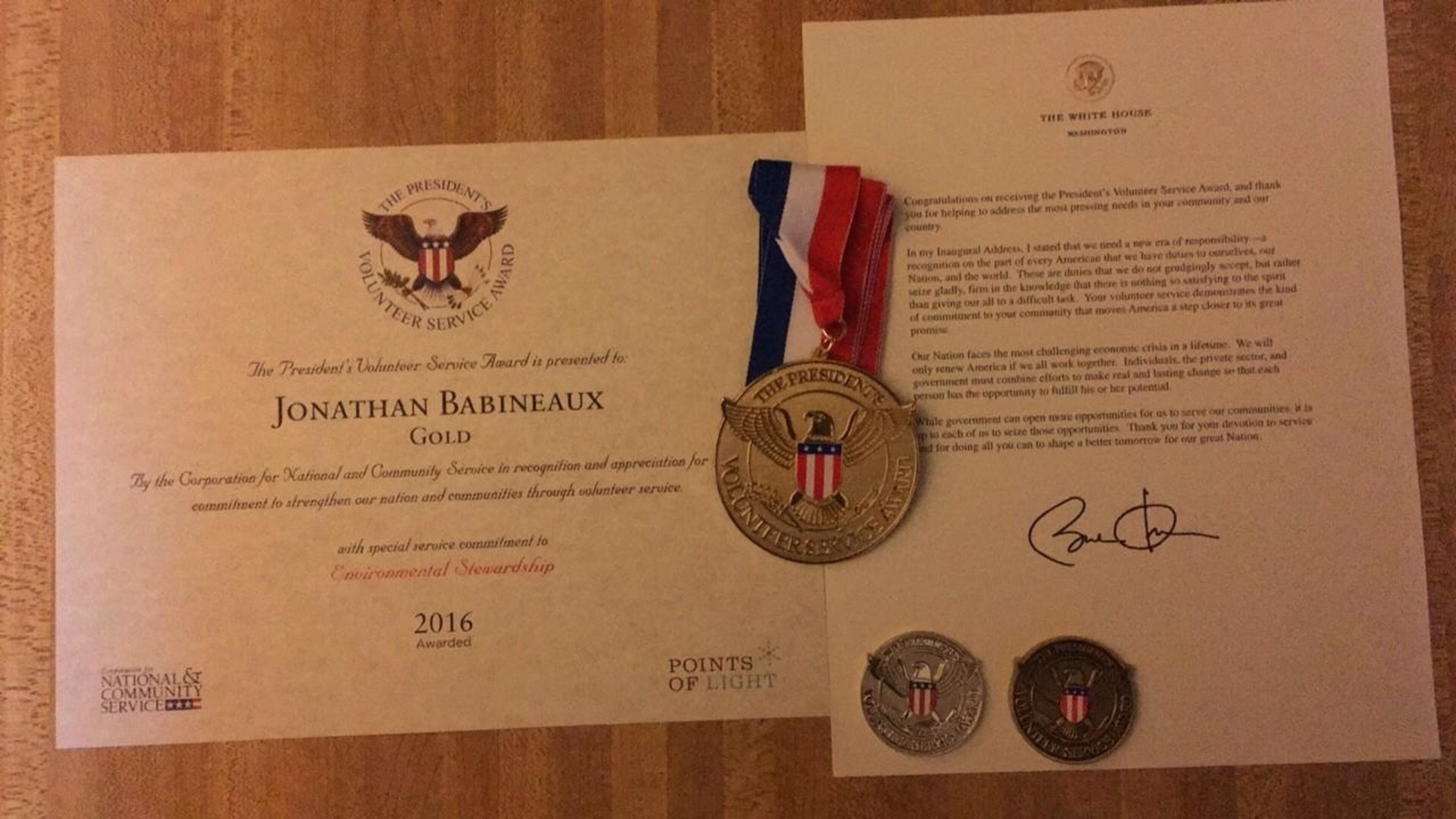 The awards Falcons defensive tackle Jonathan Babineaux received from President Barack O’Bama for his community service.