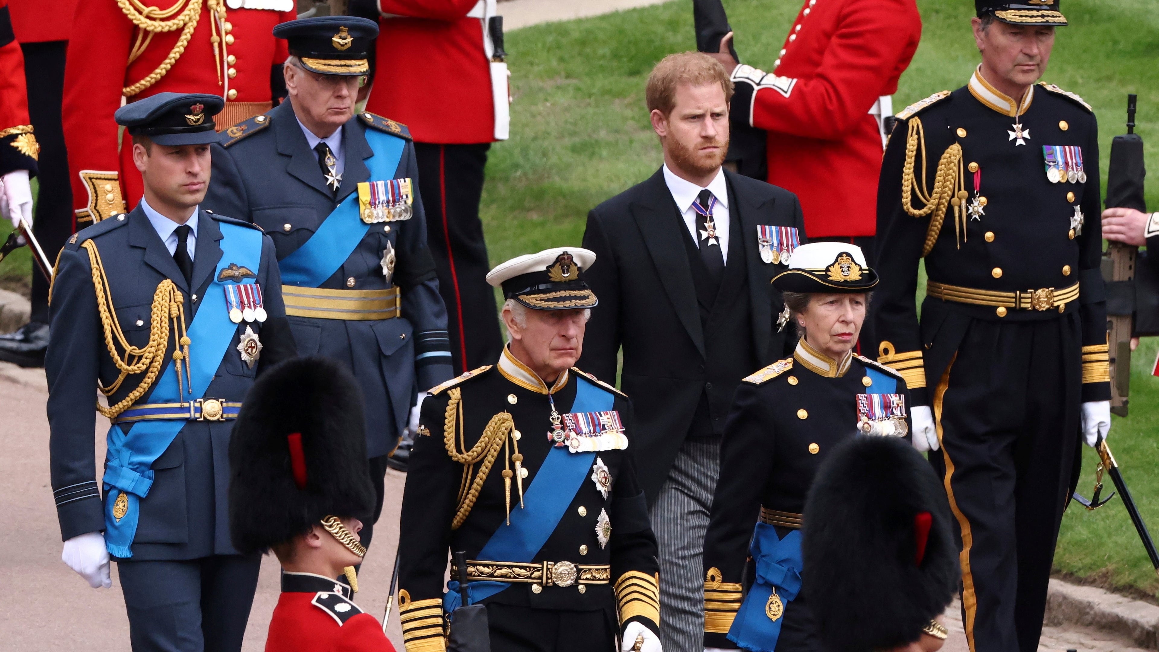 FILE - Britain's King Charles III, Princess Anne, Prince William and Prince Harry follow Queen Elizabeth II's coffin at St. George's Chapel at Windsor Castle, Windsor, England, on Sept. 19, 2022. (Henry Nicholls/Pool via AP, File)