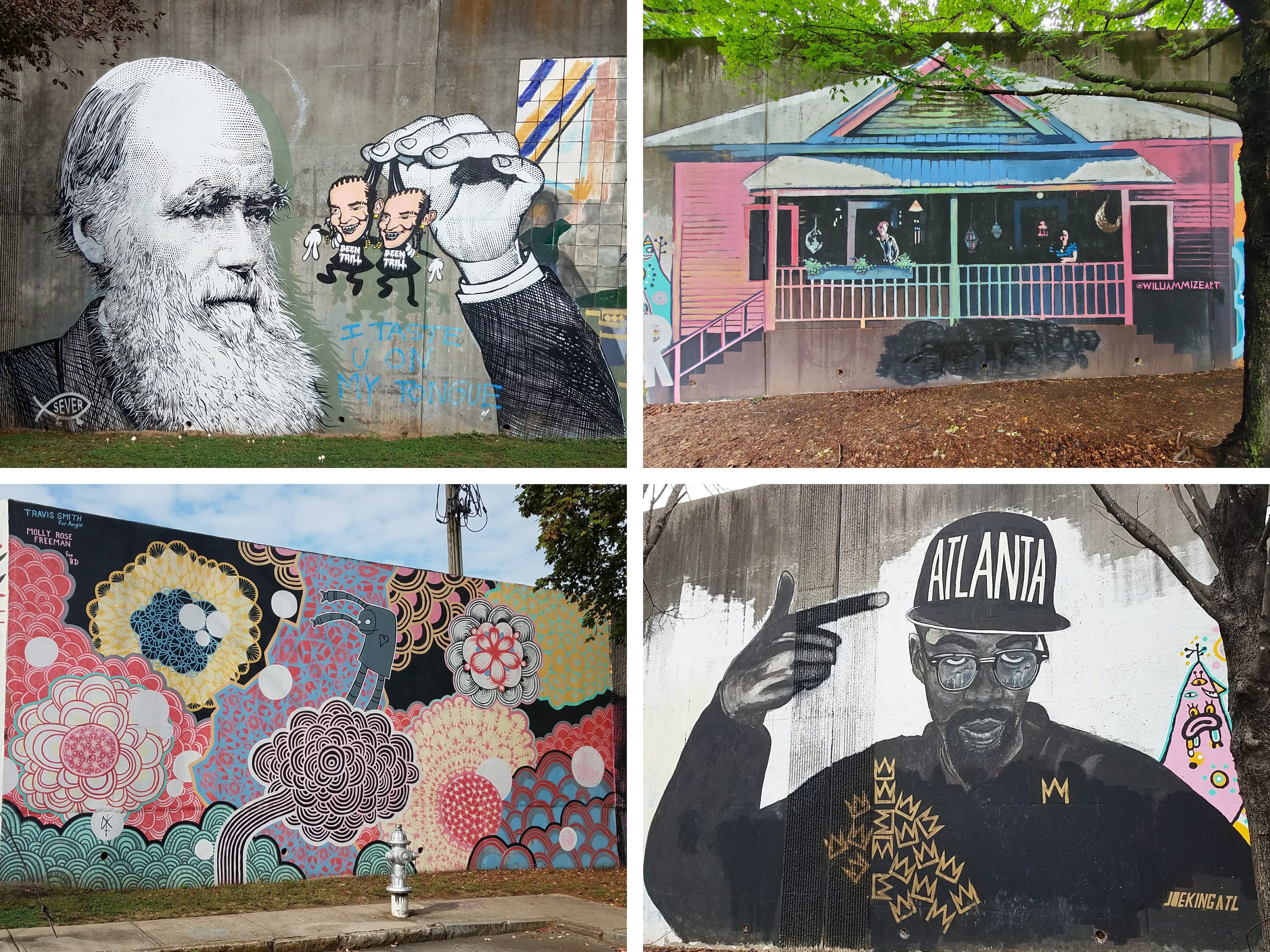 Originally started as a pop-up painting event along the Beltline in 2012, Forward Warrior eventually established itself along the walls of Cabbagetown. Clockwise from top left: Murals by Sever, William Mize, Joe King and a collaboration with Travis Smith and Molly Rose Freeman were among the first to go up in 2014. (Photos by Arthur Rudick)