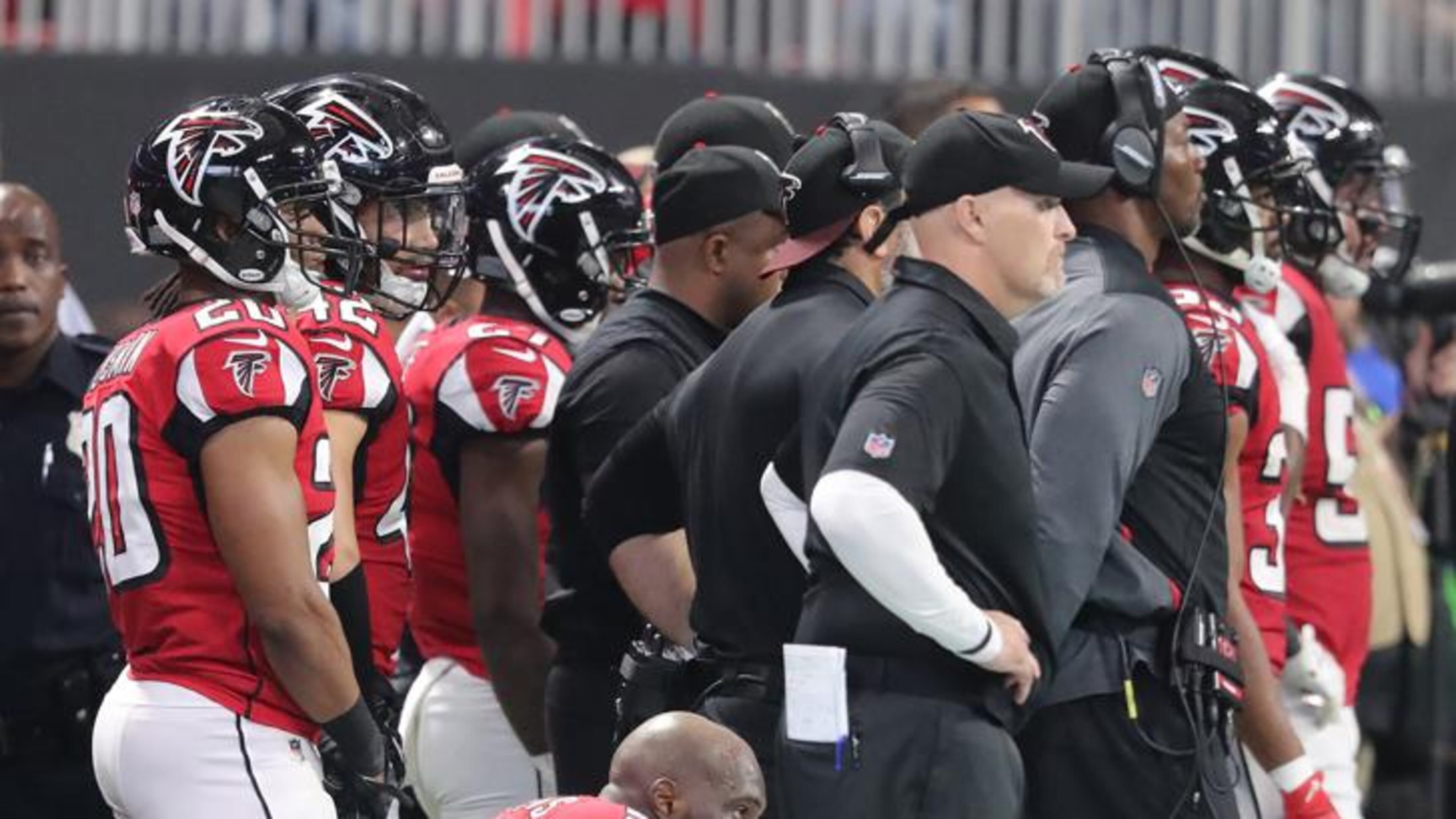 Falcons head coach Dan Quinn can only watch from the sidelines as the Vikings run out the clock for a 14-9 victory over the Falcons in a NFL football game on Sunday, December 3, 2017, in Atlanta. Curtis Compton/ccompton@ajc.com