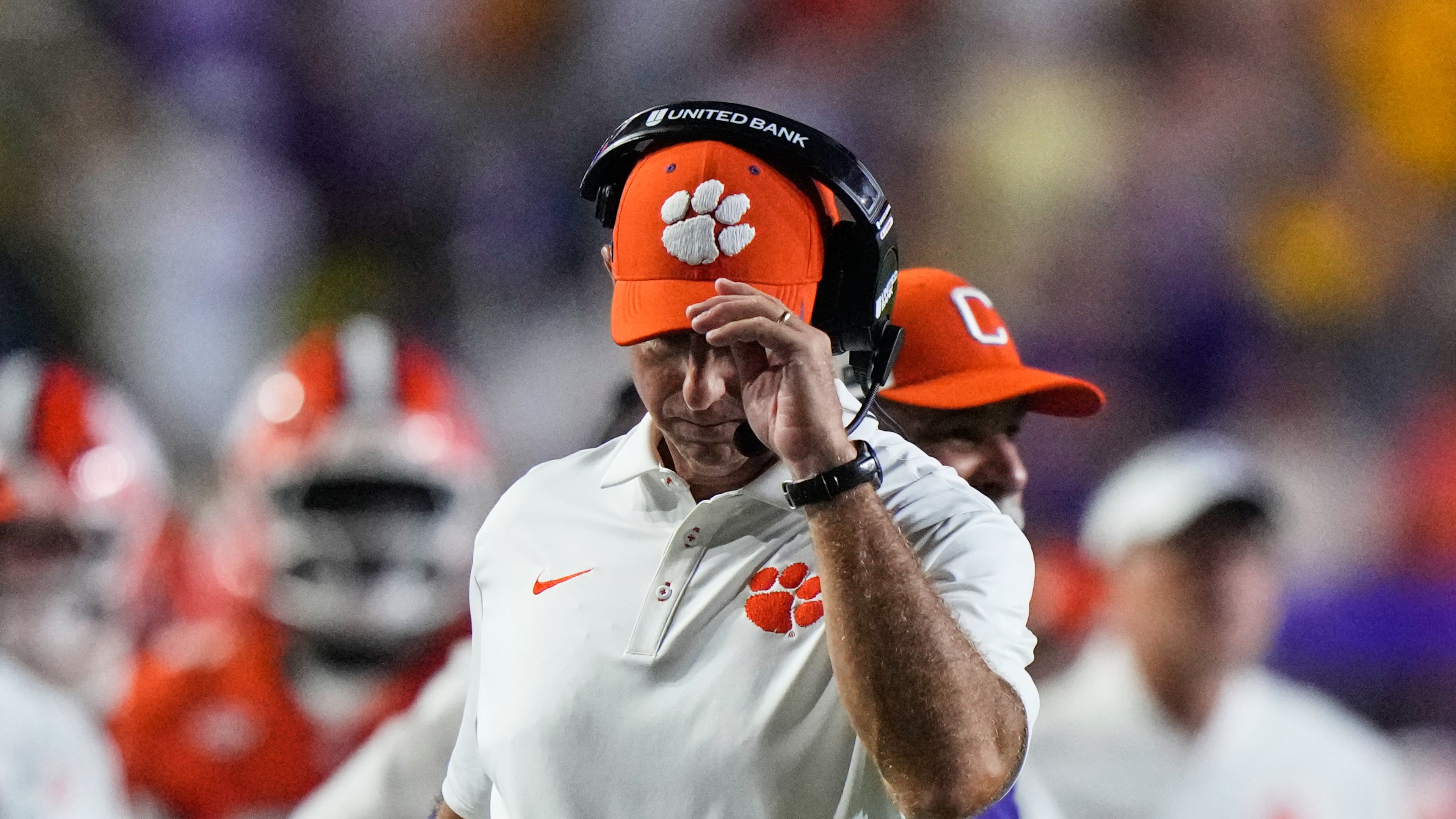 Clemson head coach Dabo Swinney reacts after an LSU touchdown in the second half of an NCAA college football game, Saturday, Sept. 5, 2026 in Baton Rouge, La. (AP Photo/Gerald Herbert)