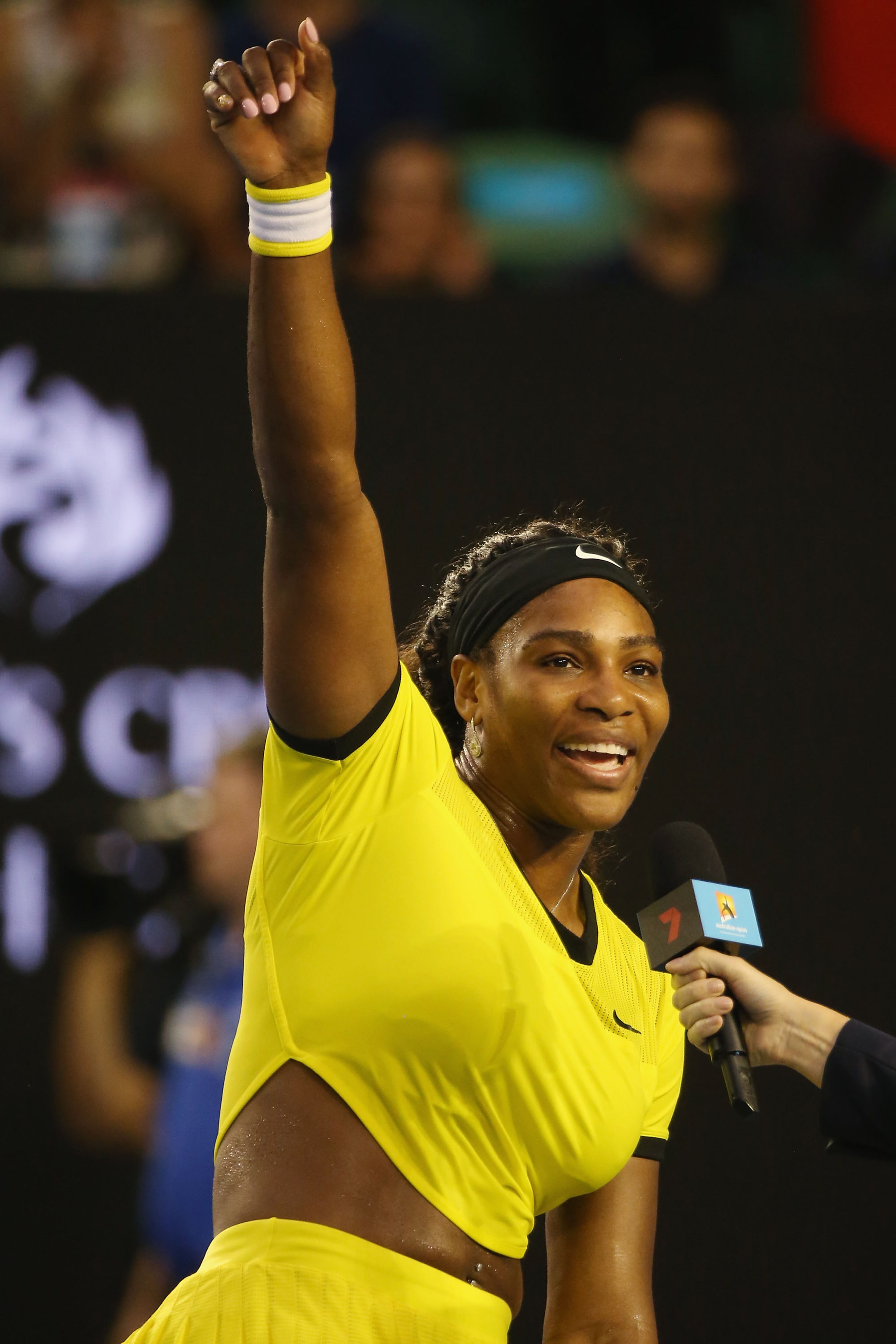 Serena Williams of the United States waves to the crowd after her win in her third round match against Daria Kasatkina of Russia during day five of the 2016 Australian Open at Melbourne Park on January 22, 2016 in Melbourne, Australia. (Photo by Michael Dodge/Getty Images)