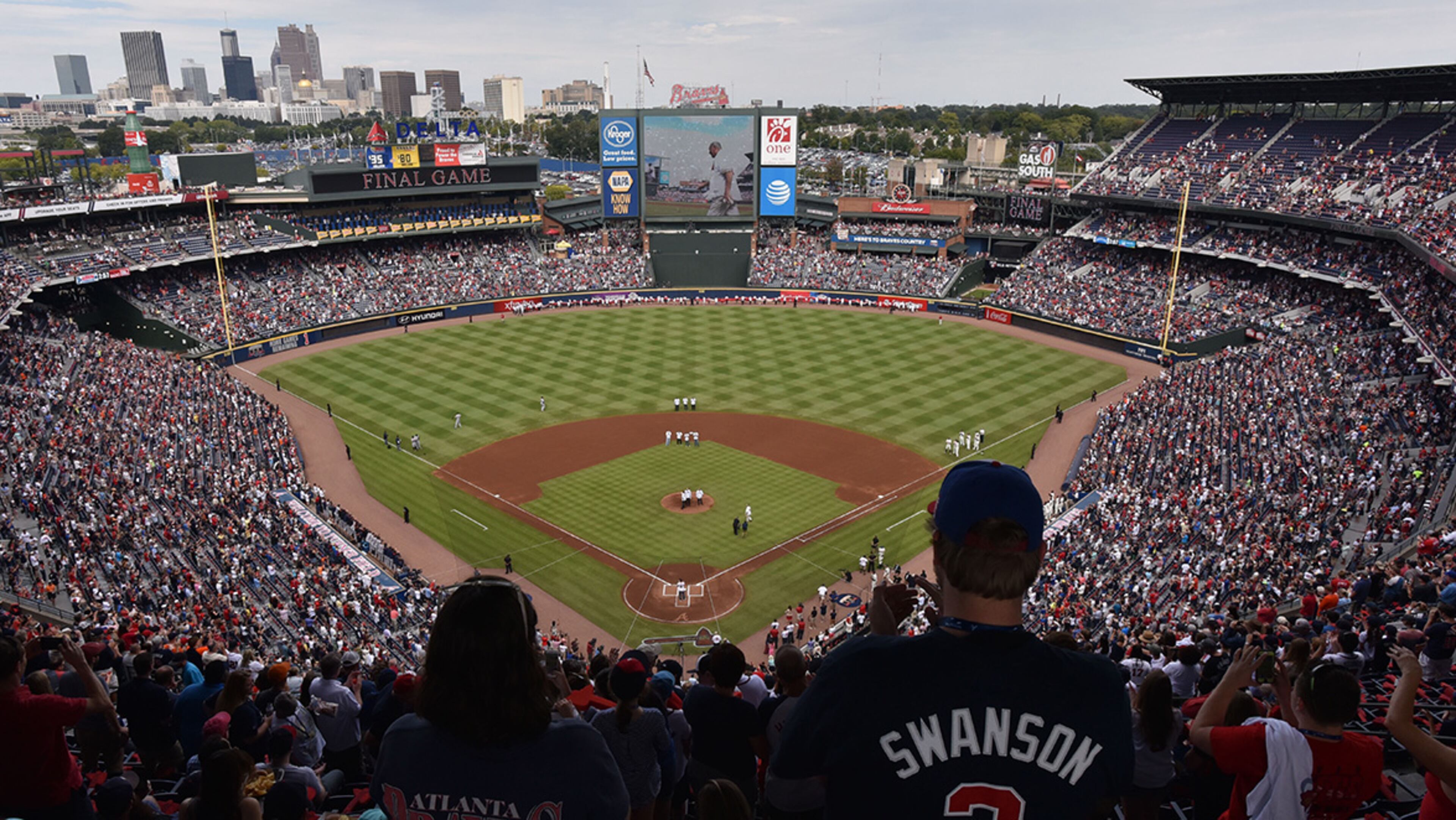 October 2, 2016 Atlanta - Fans watch the pregame ceremony before the final Atlanta Braves game against the Detroit Tigers at Turner Field on Sunday, October 2, 2016. HYOSUB SHIN / HSHIN@AJC.COM