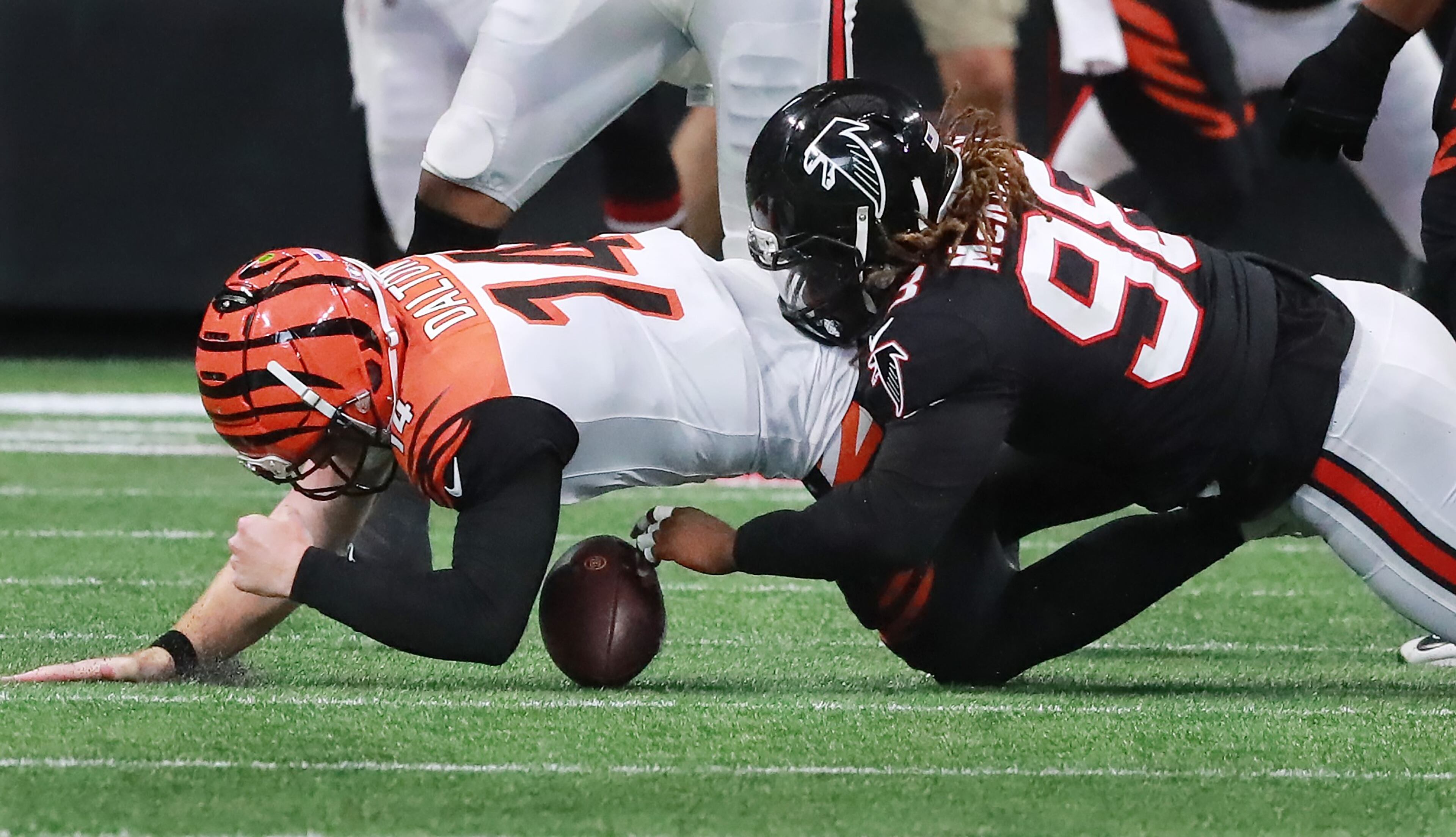 September 30, 2018 Atlanta: Falcons defensive end Takkarist McKinley sacks Bengals quarterback Andy Dalton during the fourth quarter in a NFL football game on Sunday, Sept 30, 2018, in Atlanta. Curtis Compton/ccompton@ajc.com