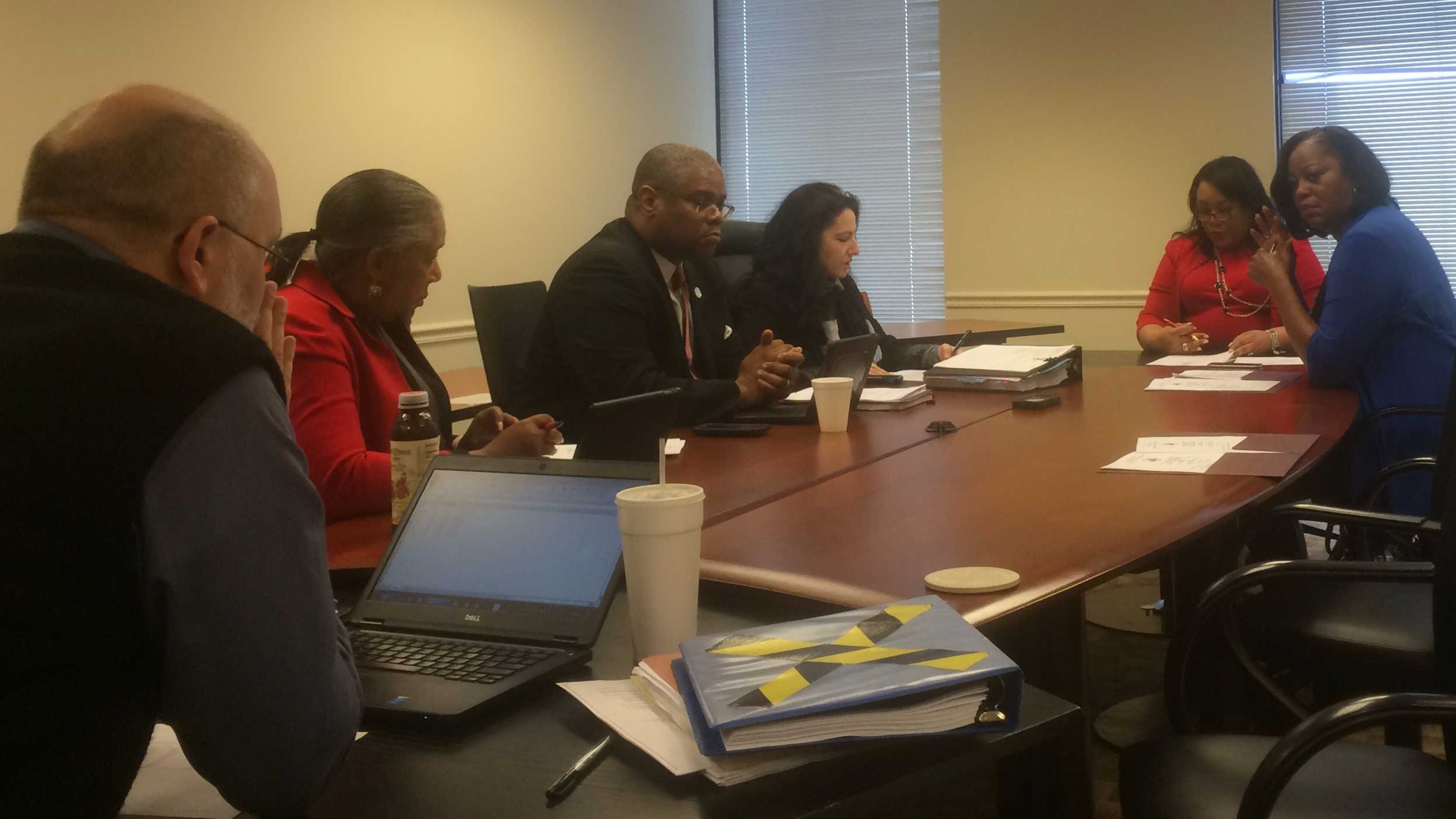 The DeKalb County Budget Committee approved the pay raise proposal Wednesday. From left: Budget Director Jay Vinicki, County Attorney O.V. Brantley, Chief Operating Officer Zach Williams, Commissioner Nancy Jester, Commissioner Sharon Barnes Sutton and Commissioner Mereda Davis Johnson. MARK NIESSE / MARK.NIESSE@AJC.COM