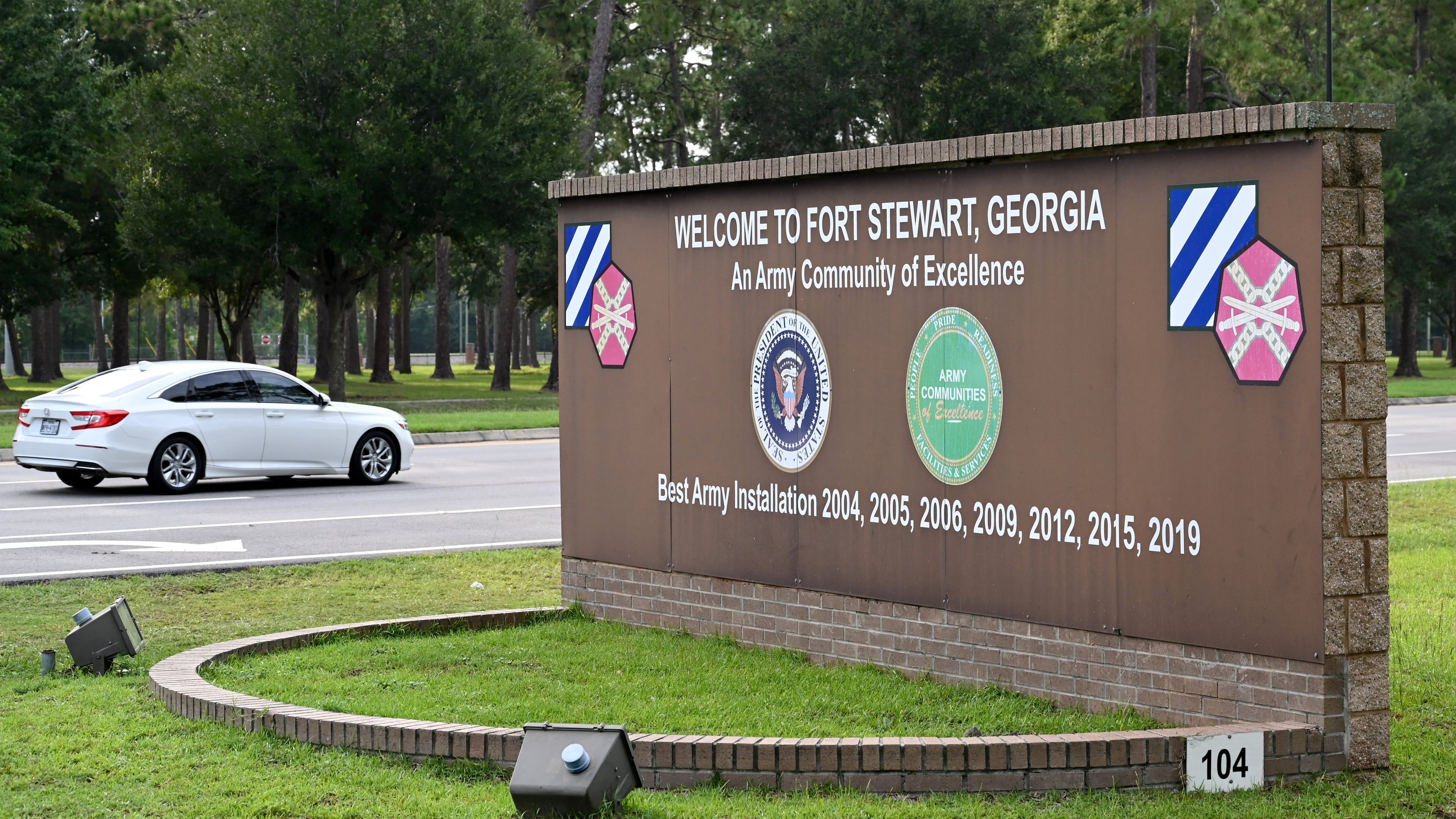 The main gate of Fort Stewart in Hinesville, Georgia where a soldier shot and injured four soldiers and a former service member on Aug. 6, 2025. (Hyosub Shin/AJC)