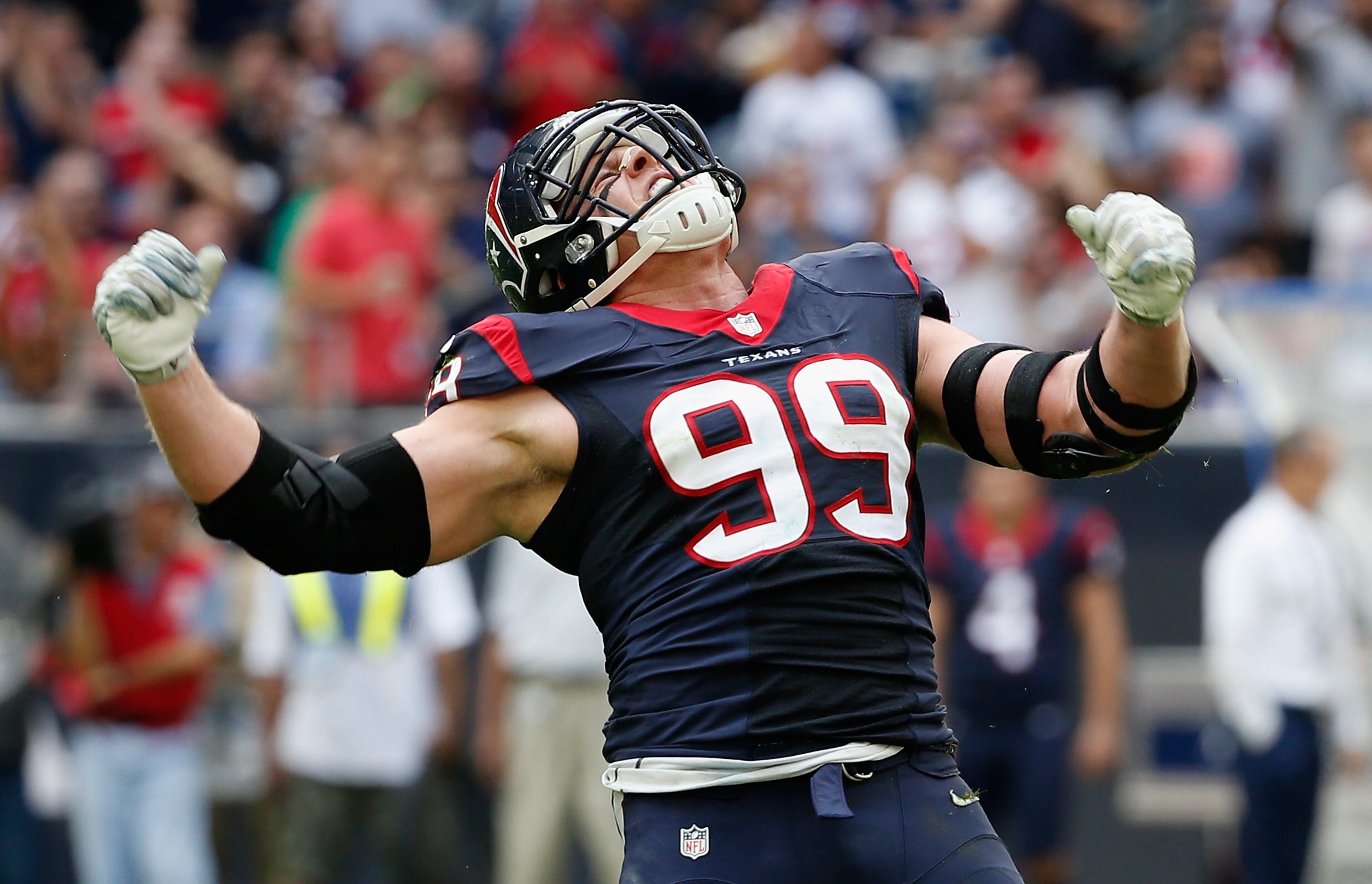 J.J. Watt gets a sack in a game against the Tennessee Titans. (Photo by Scott Halleran/Getty Images)