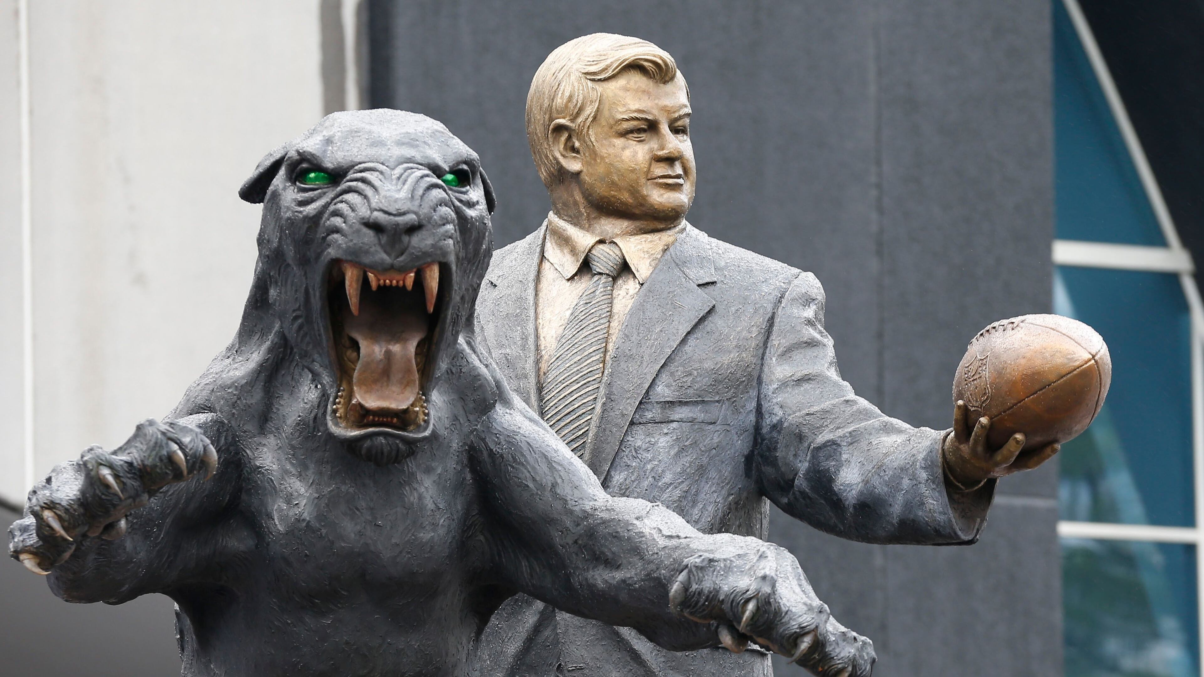 Statue of owner Jerry Richardson next to the Panther on display during FanFest at Bank of America Stadium.