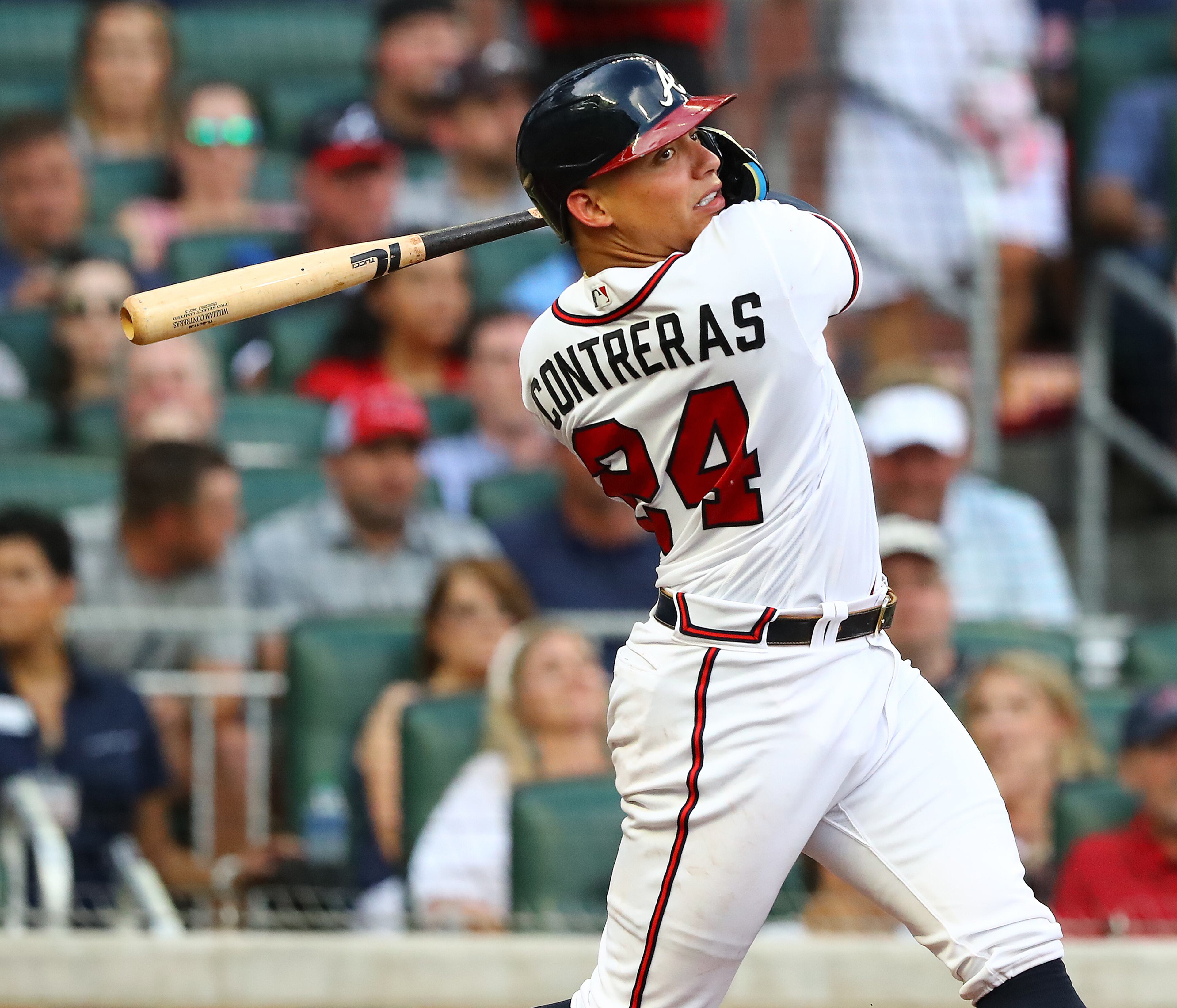 Braves catcher William Contreras hits a 2-RBI home run to take a 5-1 lead over the St. Louis Cardinals during the first inning in a MLB baseball game on Tuesday, July 5, 2022, in Atlanta. “Curtis Compton / Curtis.Compton@ajc.com”