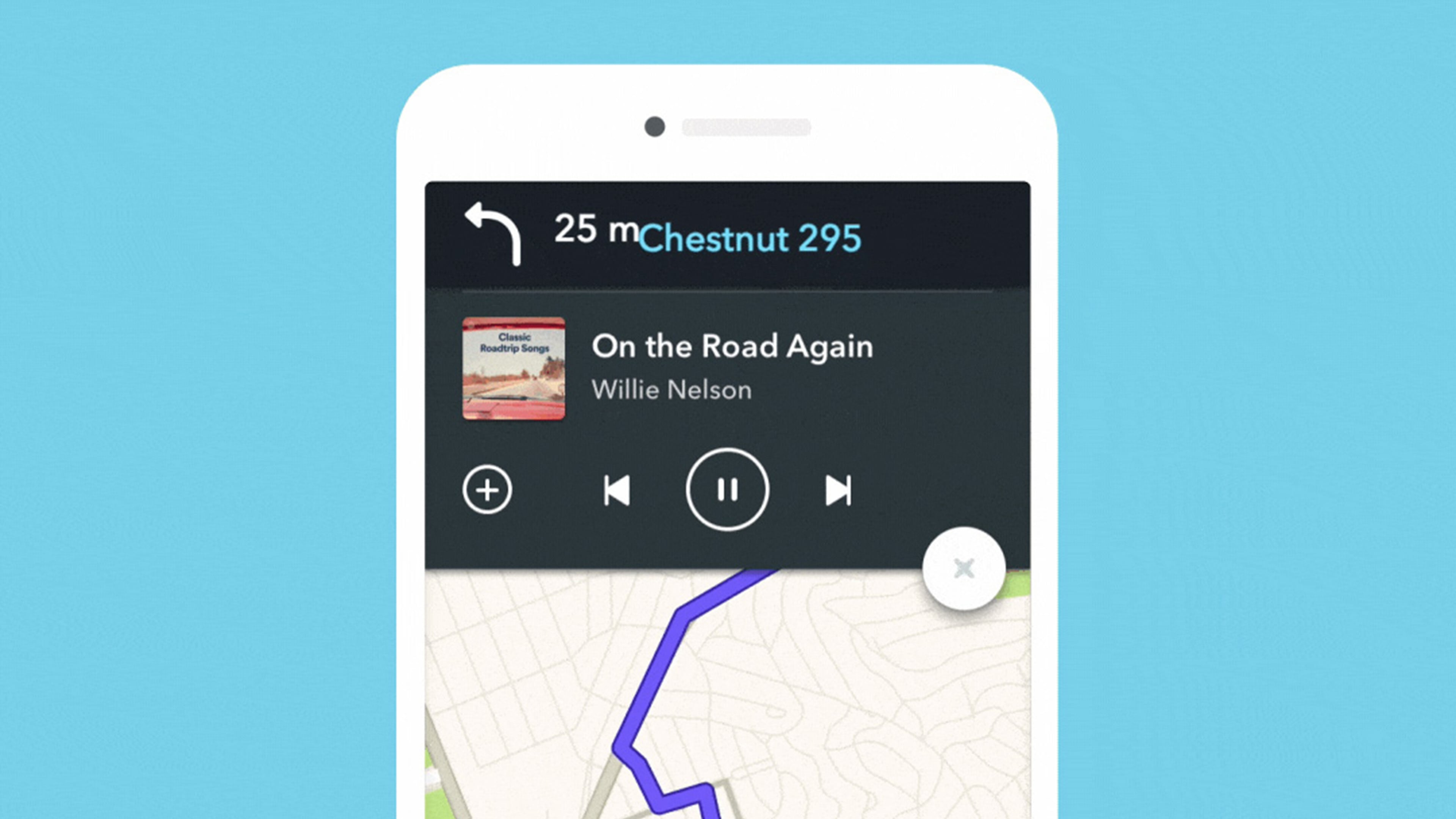 A while back, Waze added a Spotify button on the map screen to let users access their Spotify playlists while staying in the Waze app. (Waze)