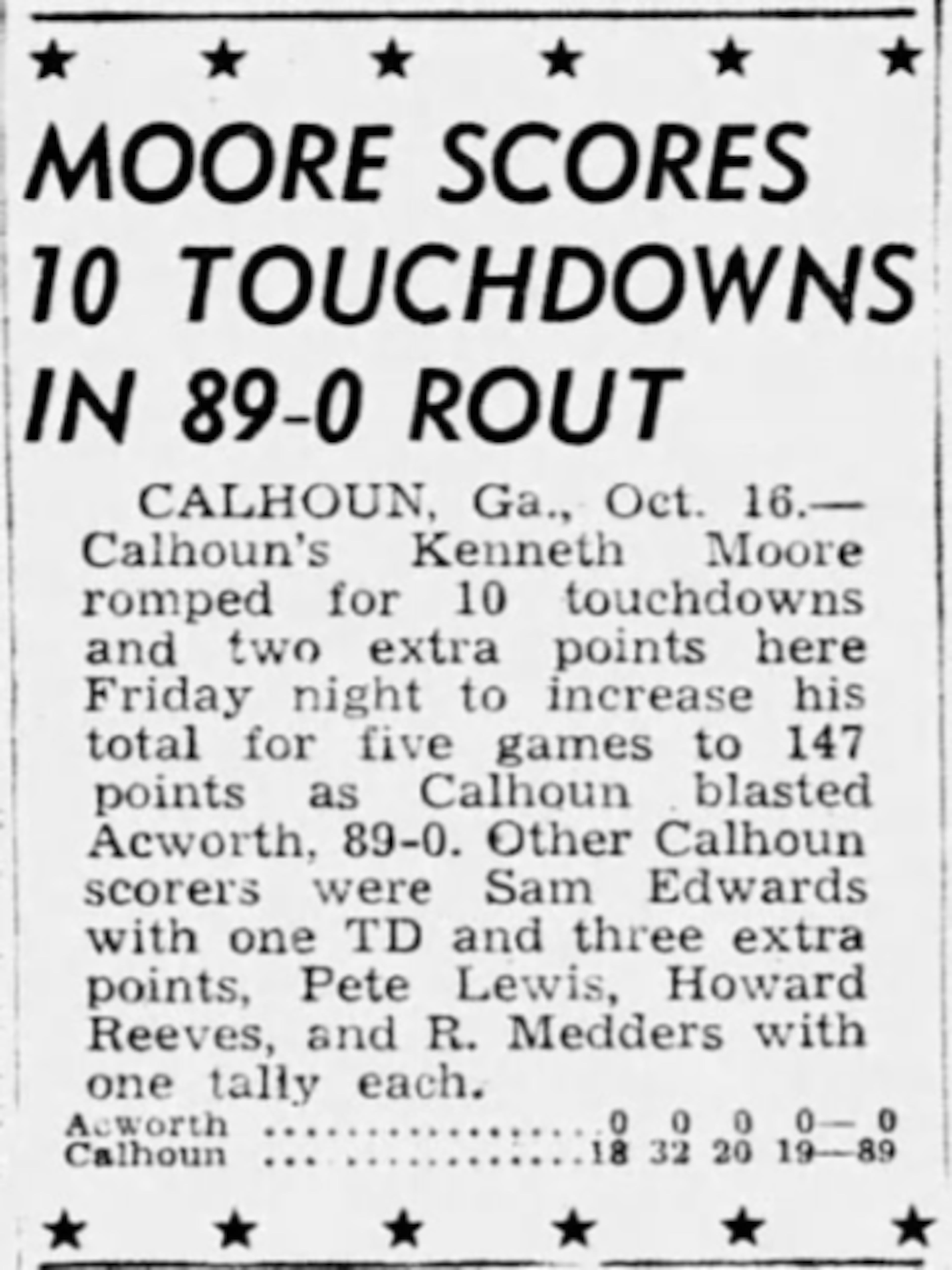 The Atlanta Journal reported the news of Kenneth Moore's 10 touchdowns in an Oct. 16, 1948 article.