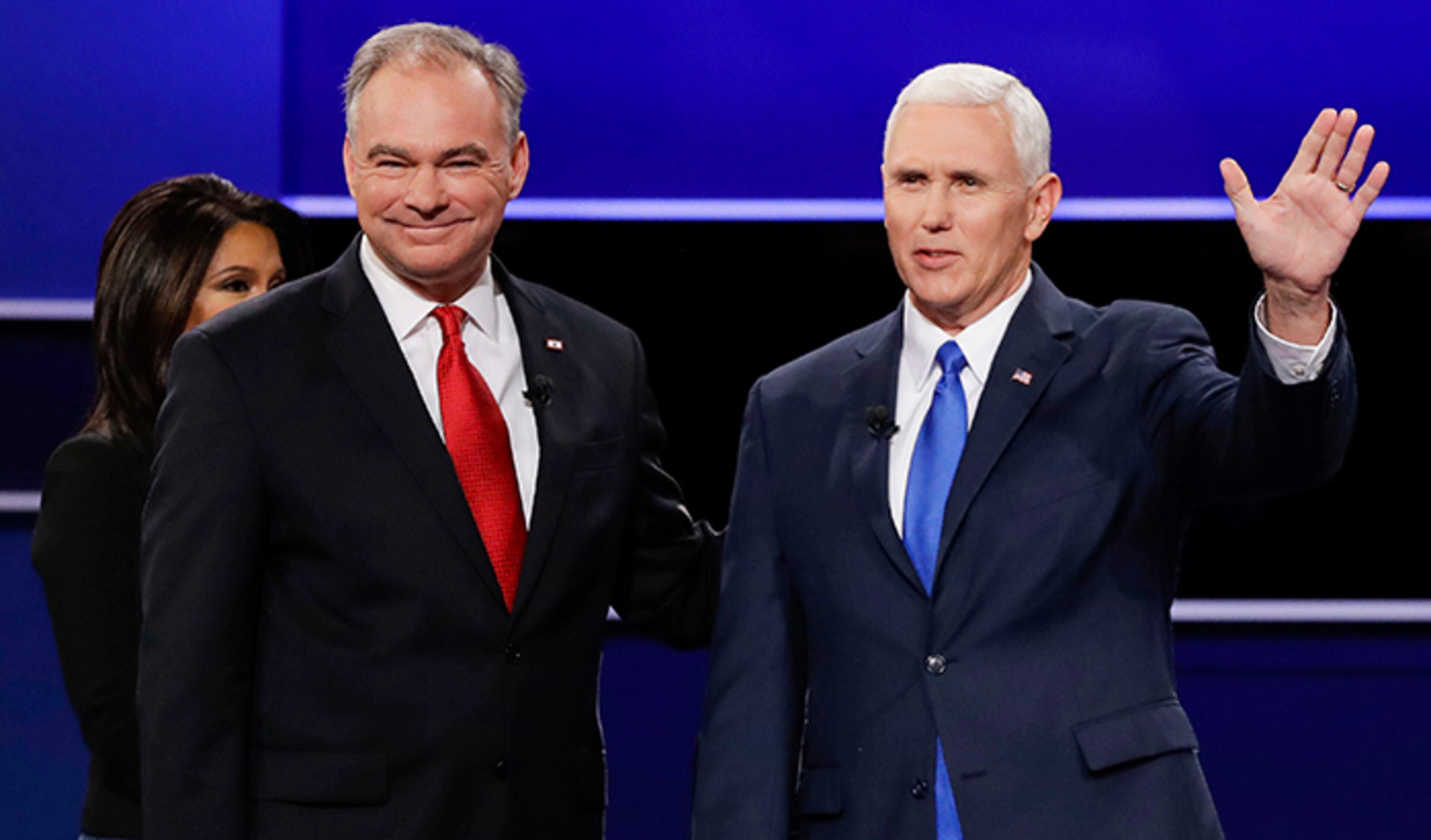 Republican vice presidential nominee Gov. Mike Pence and Democratic vice presidential nominee Sen. Tim Kaine, left, turn toward the audience during the debate at Longwood University in Farmville, Va., Tuesday, Oct. 4, 2016. (AP Photo/David Goldman)