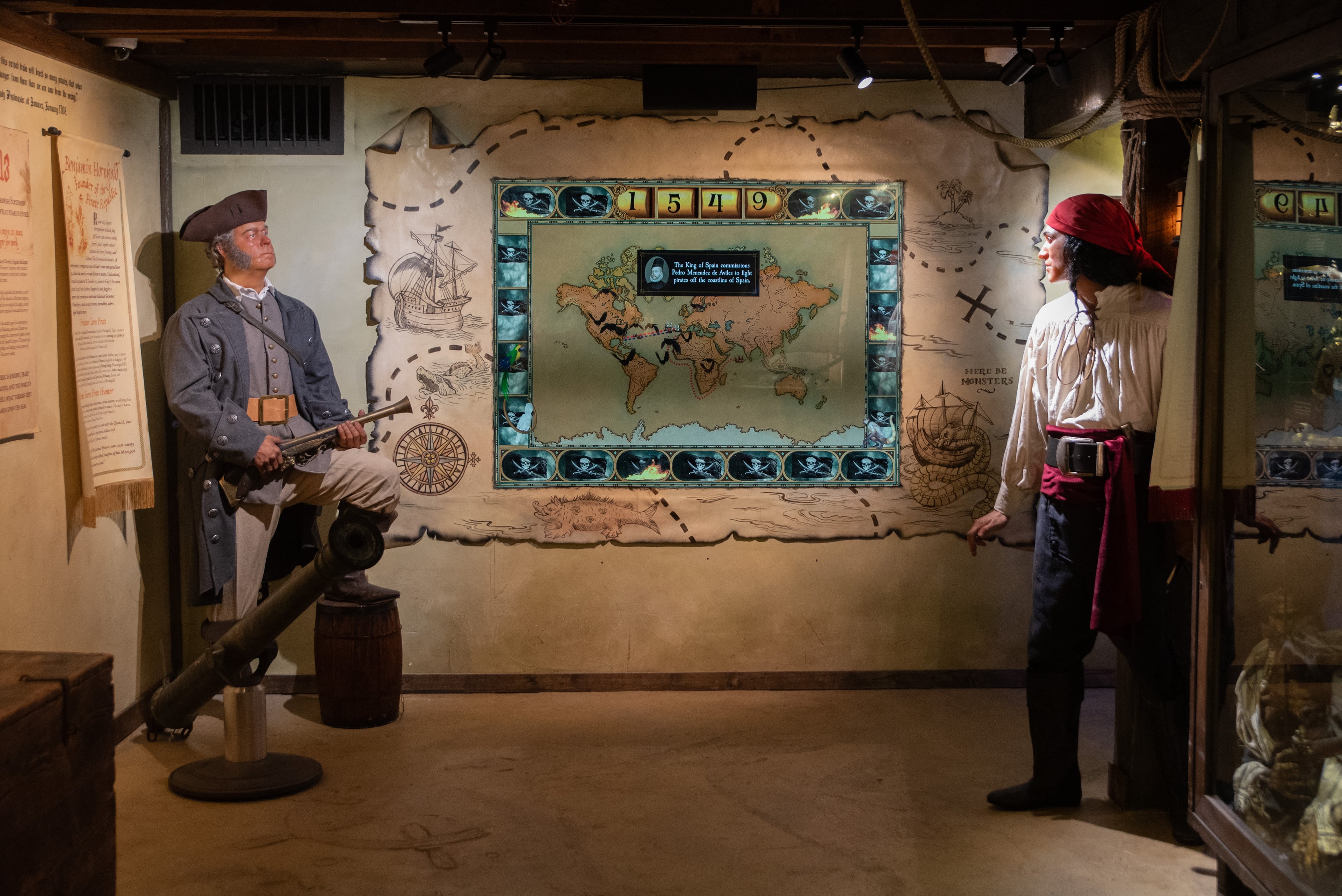An exhibit in the Savannah Pirates and Treasure Museum depicts a peaceful mutiny aboard the Marianne, when pirate Samuel Bellamy (right) replaced Benjamin Hornigold (left) as captain. (Courtesy of Travis Spagenhurg)