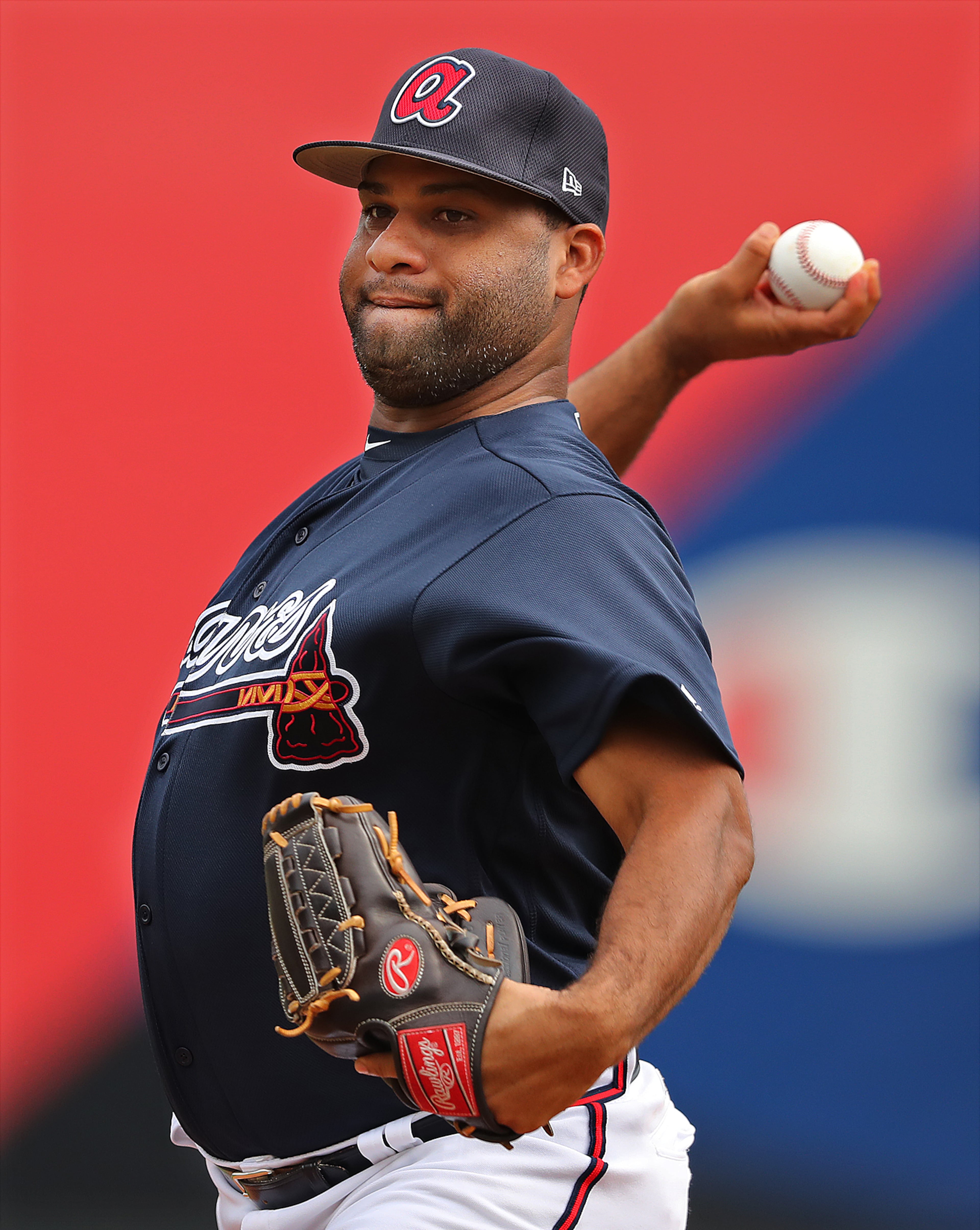 February 18, 2017, Lake Buena Vista, FL: Atlanta Braves pitcher Joel De La Cruz delivers a pitch during the first full squad workout at Champion Stadium on Saturday Feb. 18, 2017, at the ESPN Wide World of Sports in Lake Buena Vista. Curtis Compton/ccompton@ajc.com