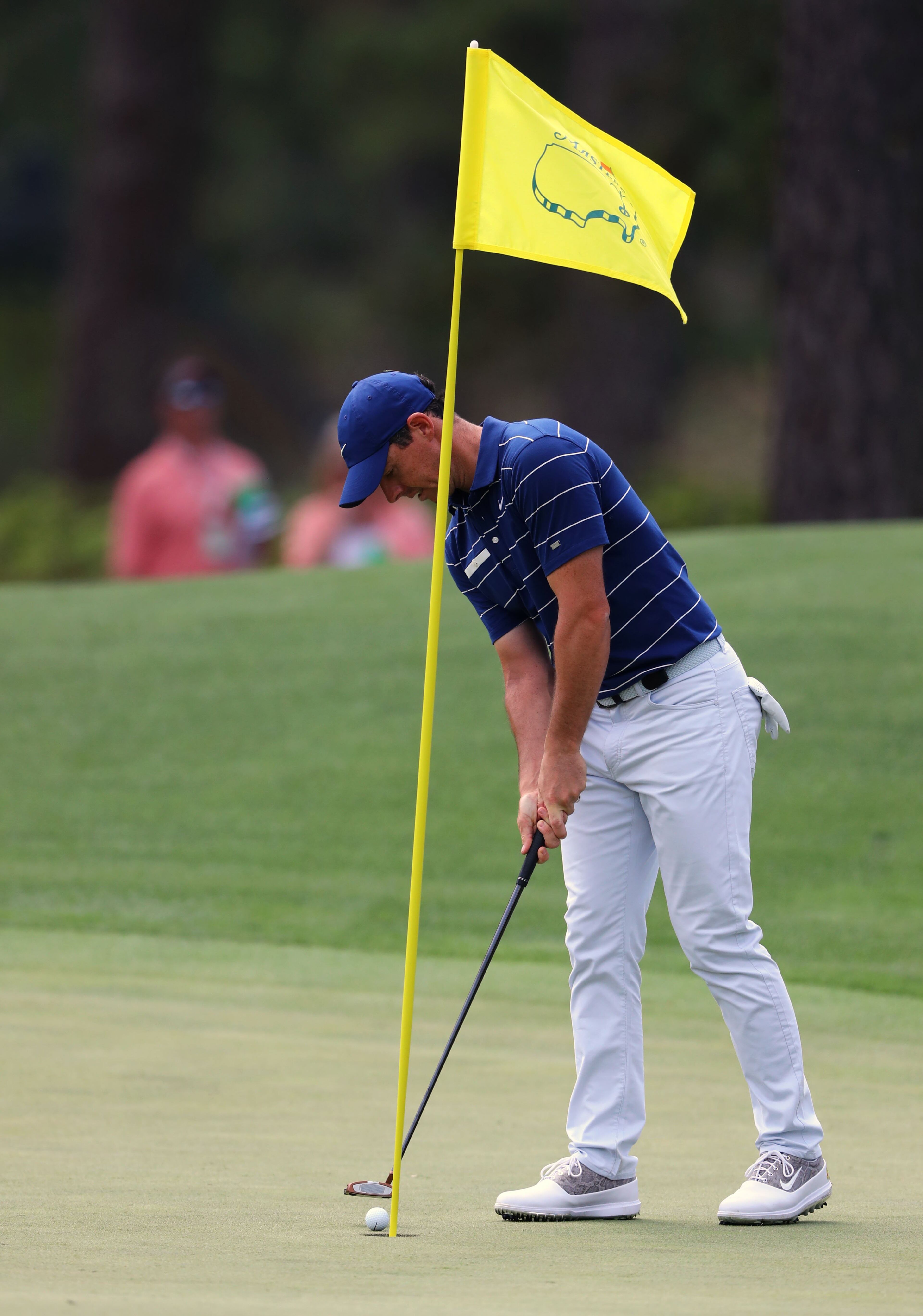 April 11, 2019 - Augusta - Rory McIlroy hits his birdie putt on eight during the first round of the Masters Tournament Thursday, April 11, 2019, at Augusta National Golf Club in Augusta. Curtis Compton / ccompton@ajc.com